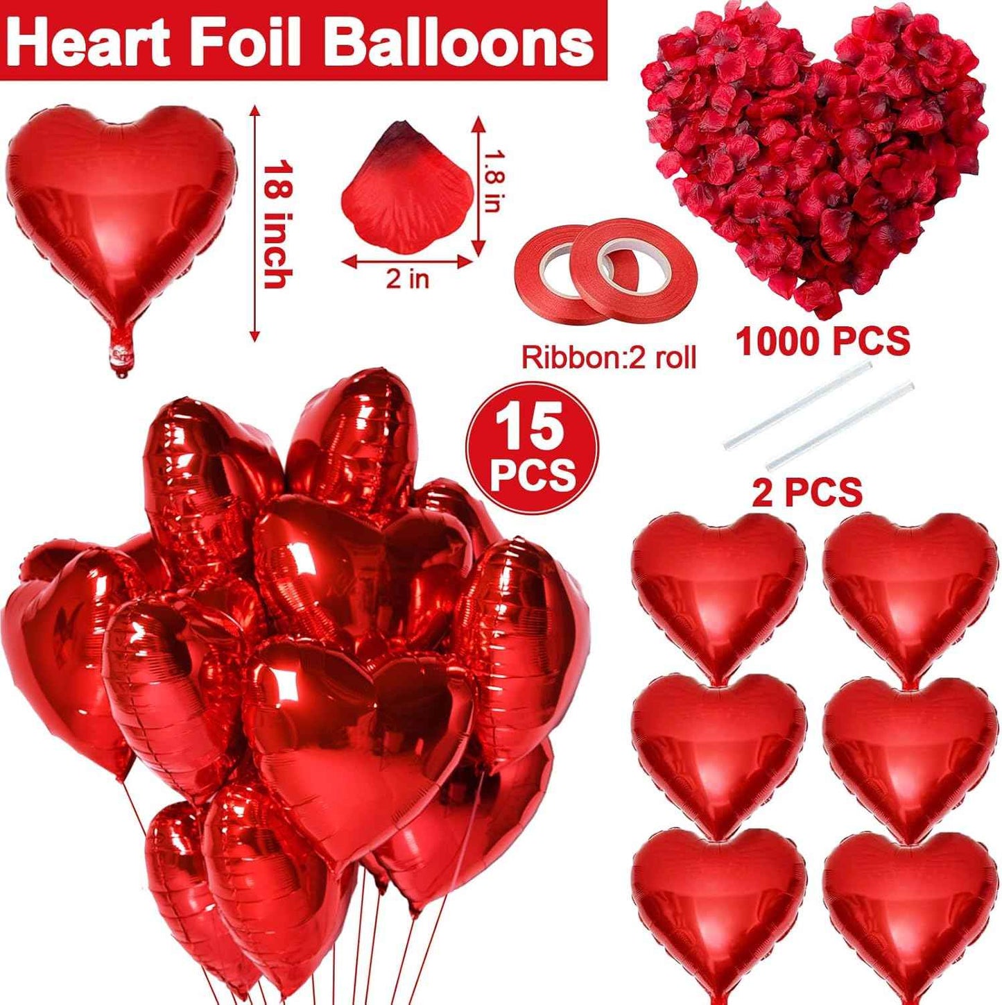 Fecedy Red Heart Shape Foil Mylar Balloons and Heart Shape roseleaf for Romantic Valentine's Day Wedding Bridal Shower Anniversary Engagement Party Decorations