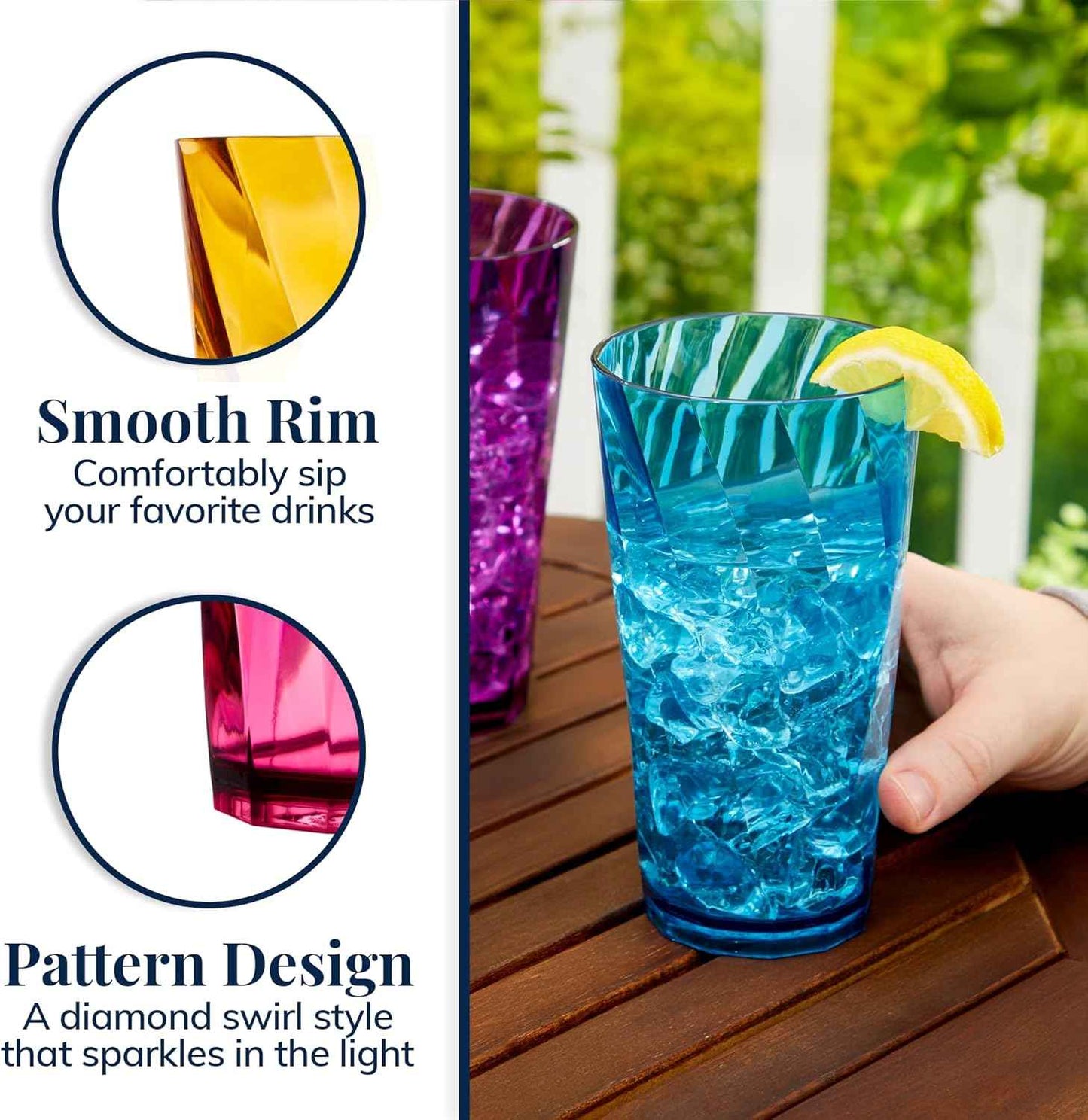 US Acrylic Optix Plastic Reusable Drinking Glasses (Set of 8) 20oz Water Cups in Jewel Tone Colors | BPA-Free Tumblers, Made in USA | Top-Rack Dishwasher Safe