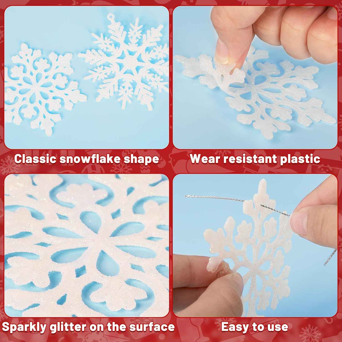 24PCS Snowflake Ornaments, Christmas White Snowflakes Tree Decorations, Plastic Glitter Snow Flakes Decorating Hanging, Xmas Tree Ornaments Indoor Ceiling Fireplace Winter Wonderland Decor
