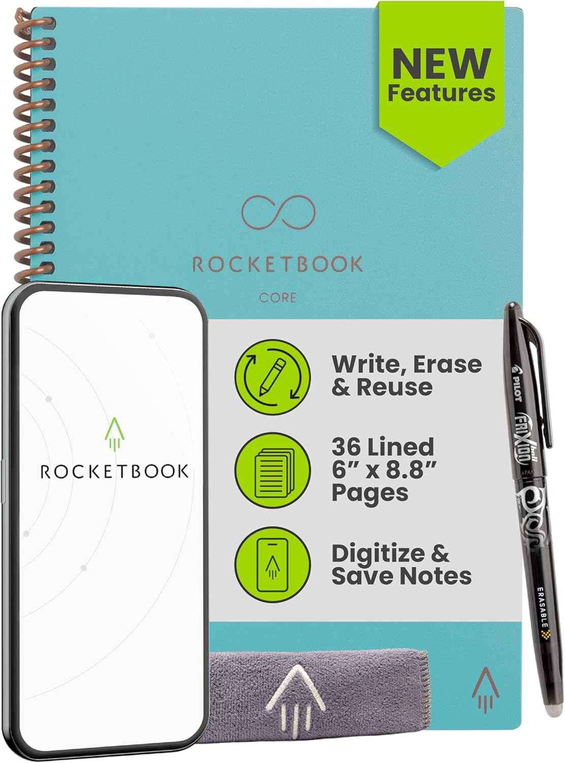 Rocketbook Core Reusable Smart Notebook, Lined Pages For School, Work and Creative Projects, Letter Size 8.5x11, Black - Premium