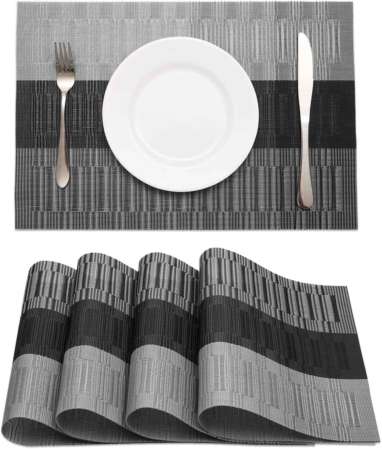 HeloHo Black Placemats Set of 4 Heat-Resistant Washable Place Mats Non-Slip Vinyl Woven Table Mats Wipeable Placemat for Kitchen Dining Table Decoration Indoor Outdoor