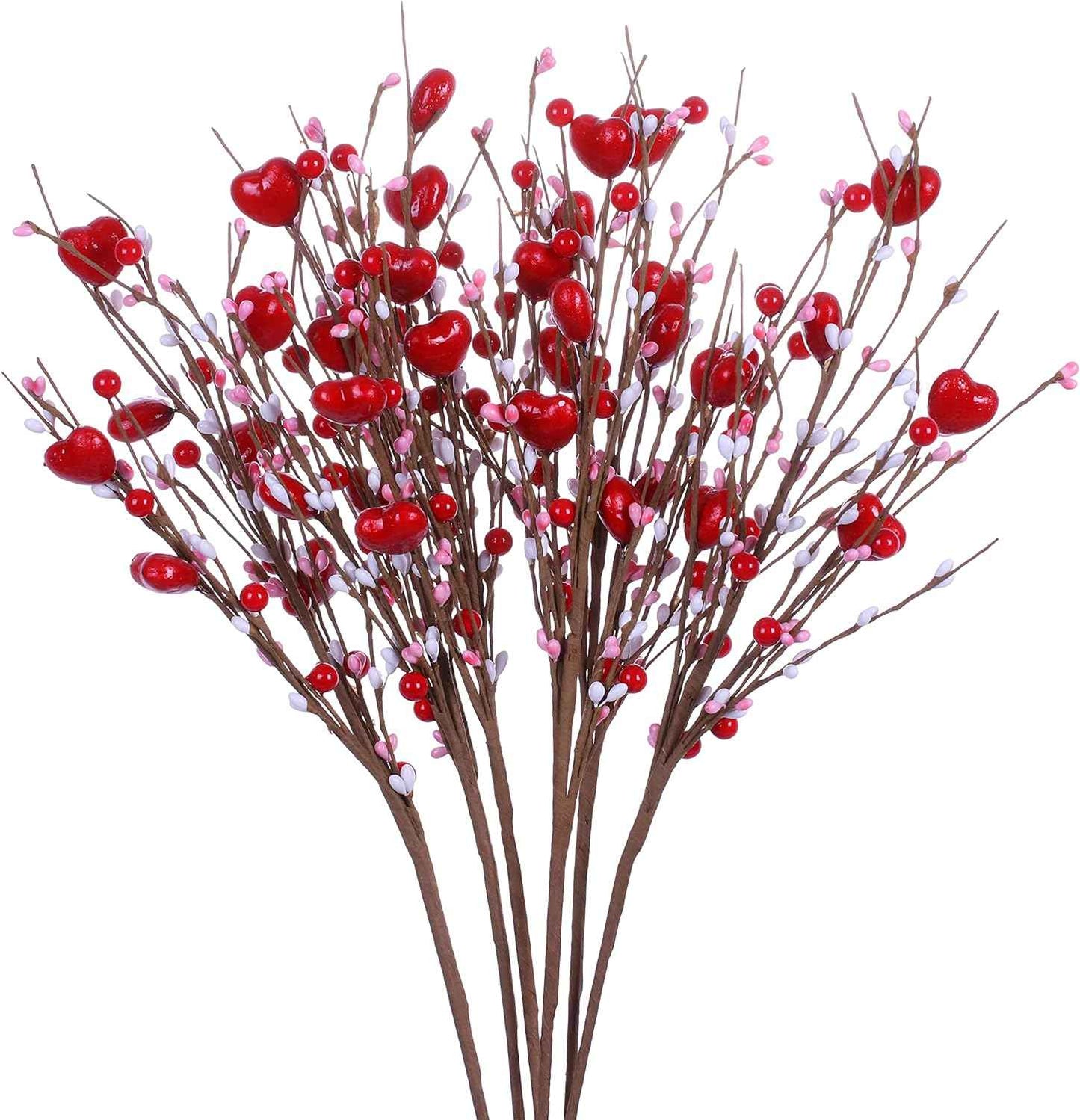 JINGHONG Valentine’s Day Gifts 6 Pack Artificial Valentines Day Decorations Pink Heart Picks with Red Pink Berries for Valentine’s Day Wedding Anniversary Party Decor