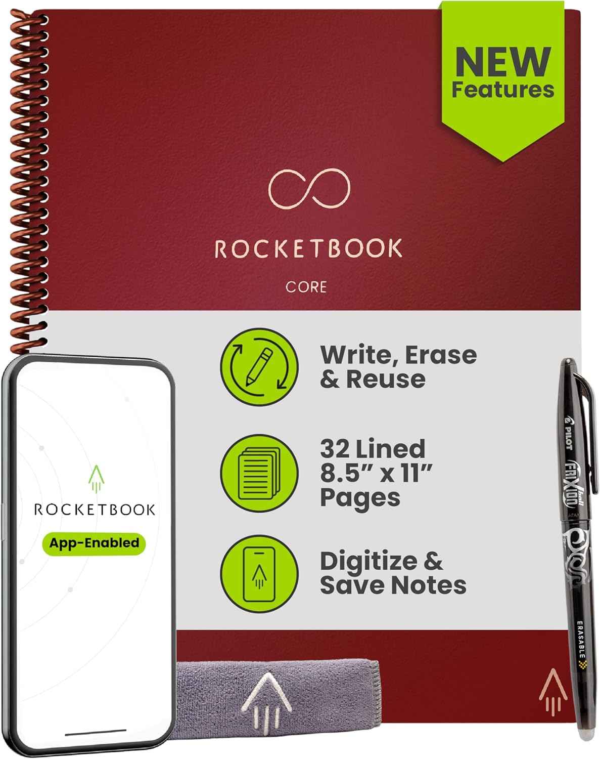 Rocketbook Core Reusable Smart Notebook, Lined Pages For School, Work and Creative Projects, Letter Size 8.5x11, Black - Premium