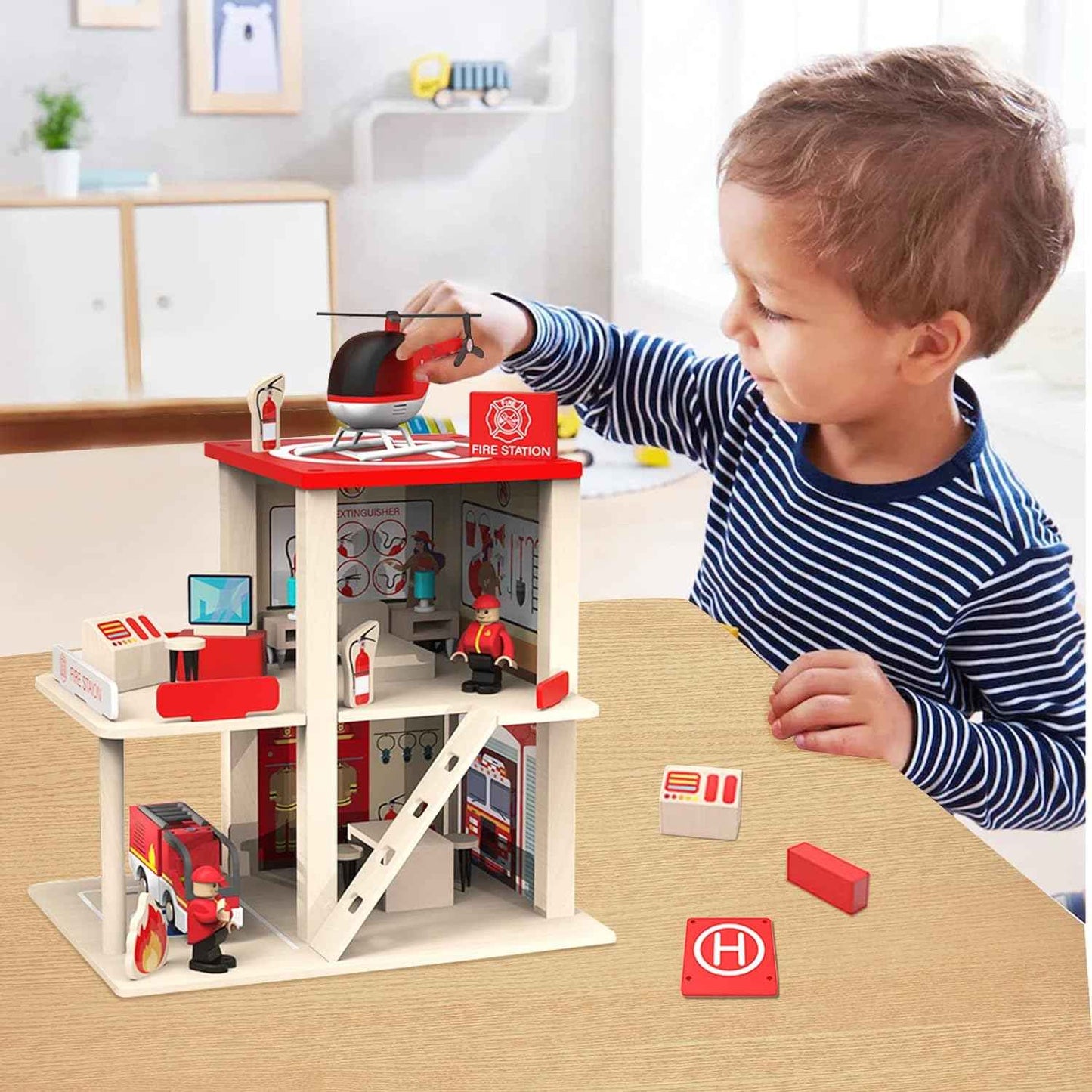 Wooden Fire Station Playset, Multicolor 3-Level Pretend Play Dollhouse with Figures, Truck, Helicopter and Accessories, Preschool Learning Educational Toys for Toddlers Kids Age 3 and up