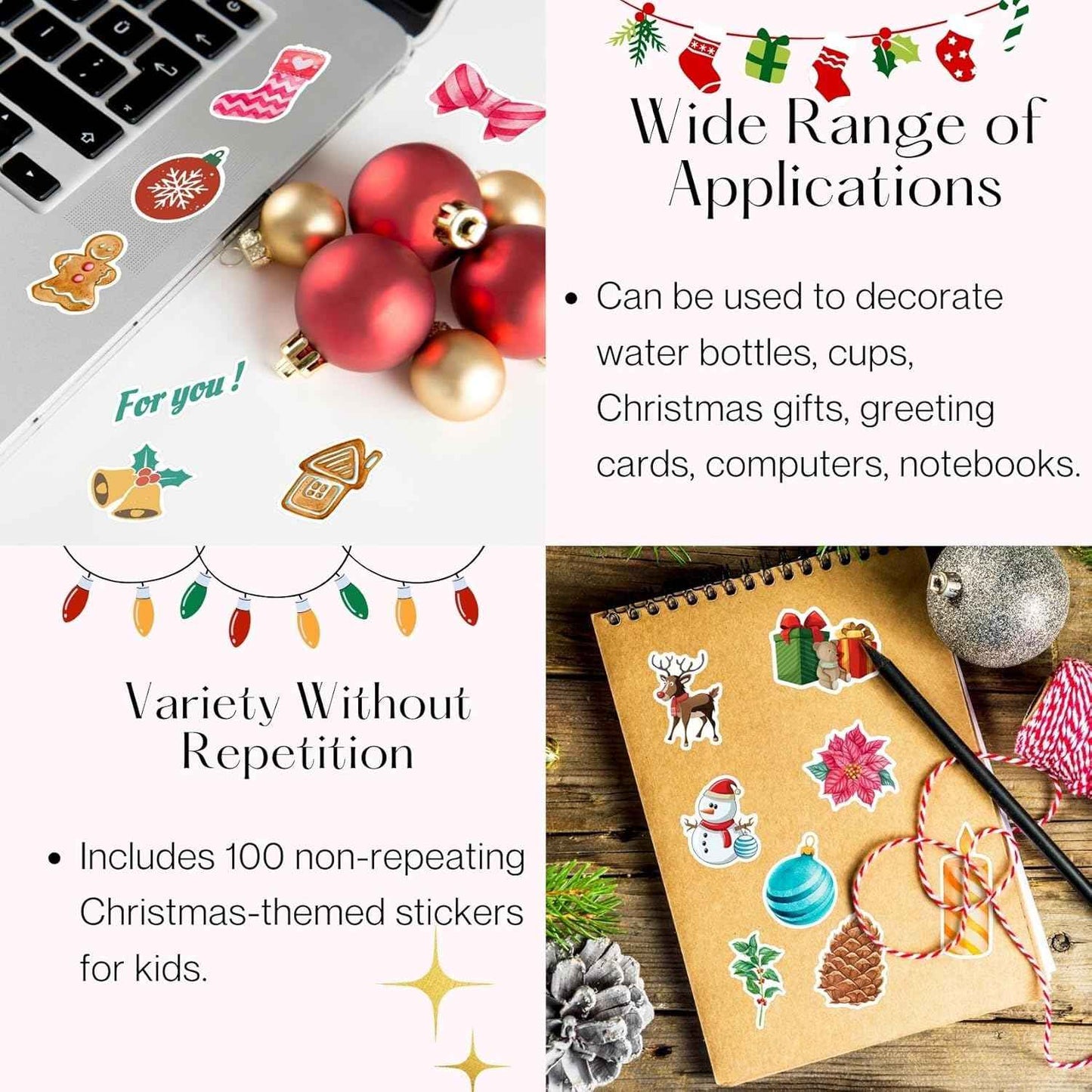 100PCS Christmas Theme Stickers, Non-Repeating Vinyl Waterproof Holiday Stickers, Holiday Gifts for Kids and Teens, Xmas Party Favorite, Stocking Stuffers for Kids Toddlers Teens Boys Girls