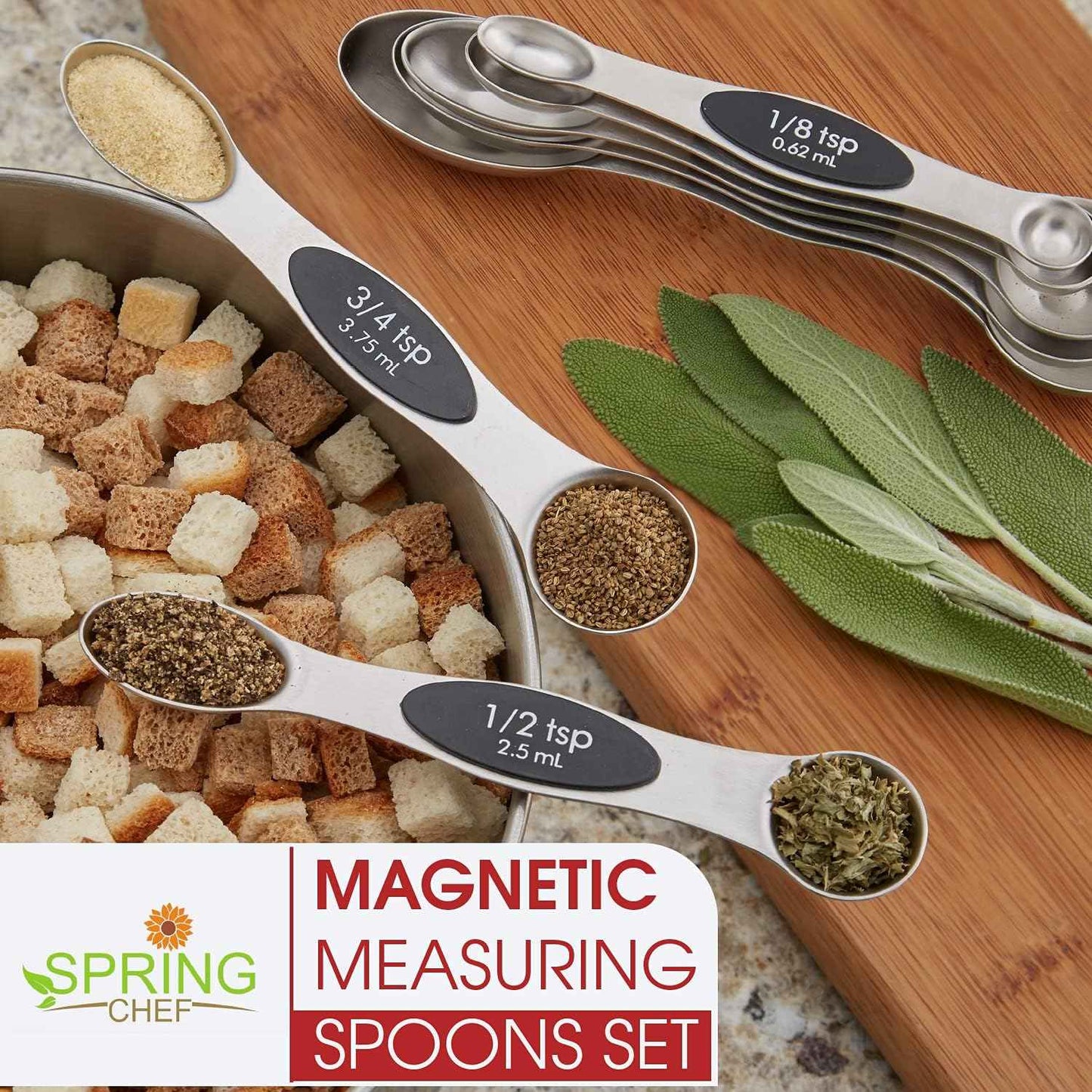 Spring Chef Stainless Steel Magnetic Measuring Spoons Set with Strong N45 Magnets, Heavy Duty Metal Kitchen Gadgets for Baking & Cooking, Fits in Most Kitchen Spice Jars, Set of 8 with Leveler, Black