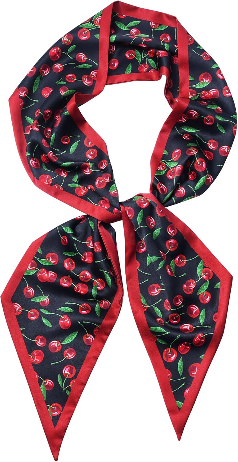 Mesovor Cherry Head Scarf Hair Neck Scarves for Women, Fashion Purse Bag Scarfs | Long Thin Satin Headscarf Headbands