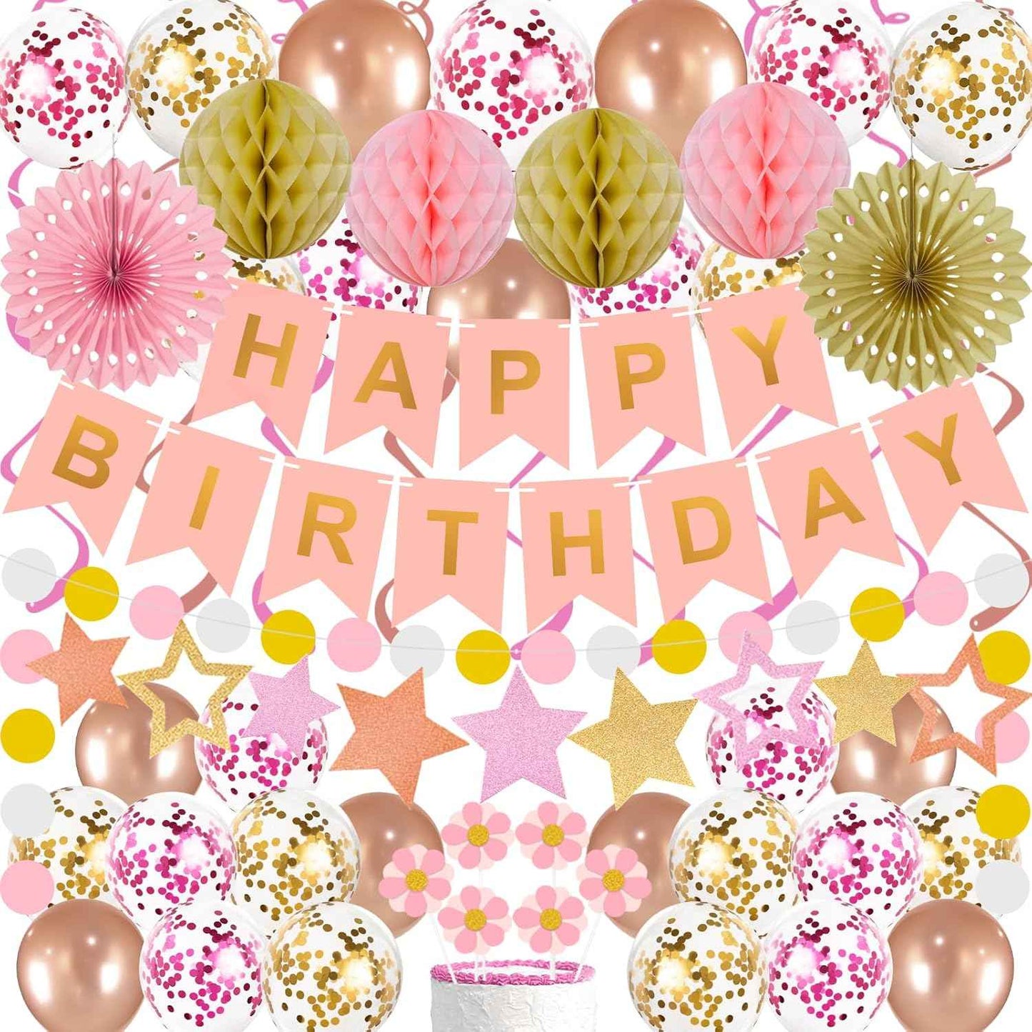65Pcs Birthday Decorations Happy Birthday Banner Pink Rose Gold Balloons Honeycomb Ball Paper Fans Dots Garland Hanging Swirls Birthday Party Decor for Girls Women Princess