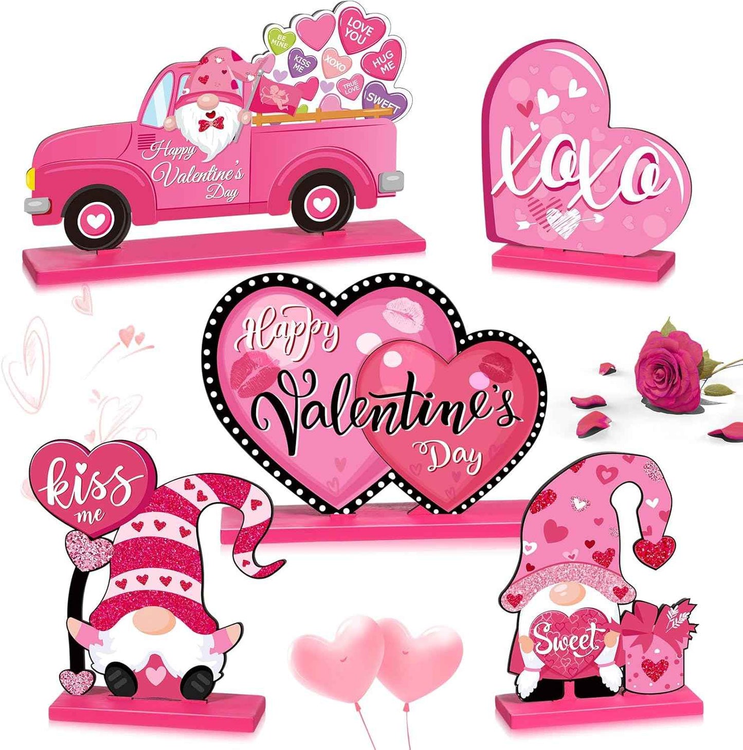 Capoda 5 Pieces Valentine's Day Wooden Table Sign Decoration Freestanding Table Centerpiece Sign Romantic Truck Heart Shape Home Decor Tiered Tray Gnome Valentines Day Accessories(Red)