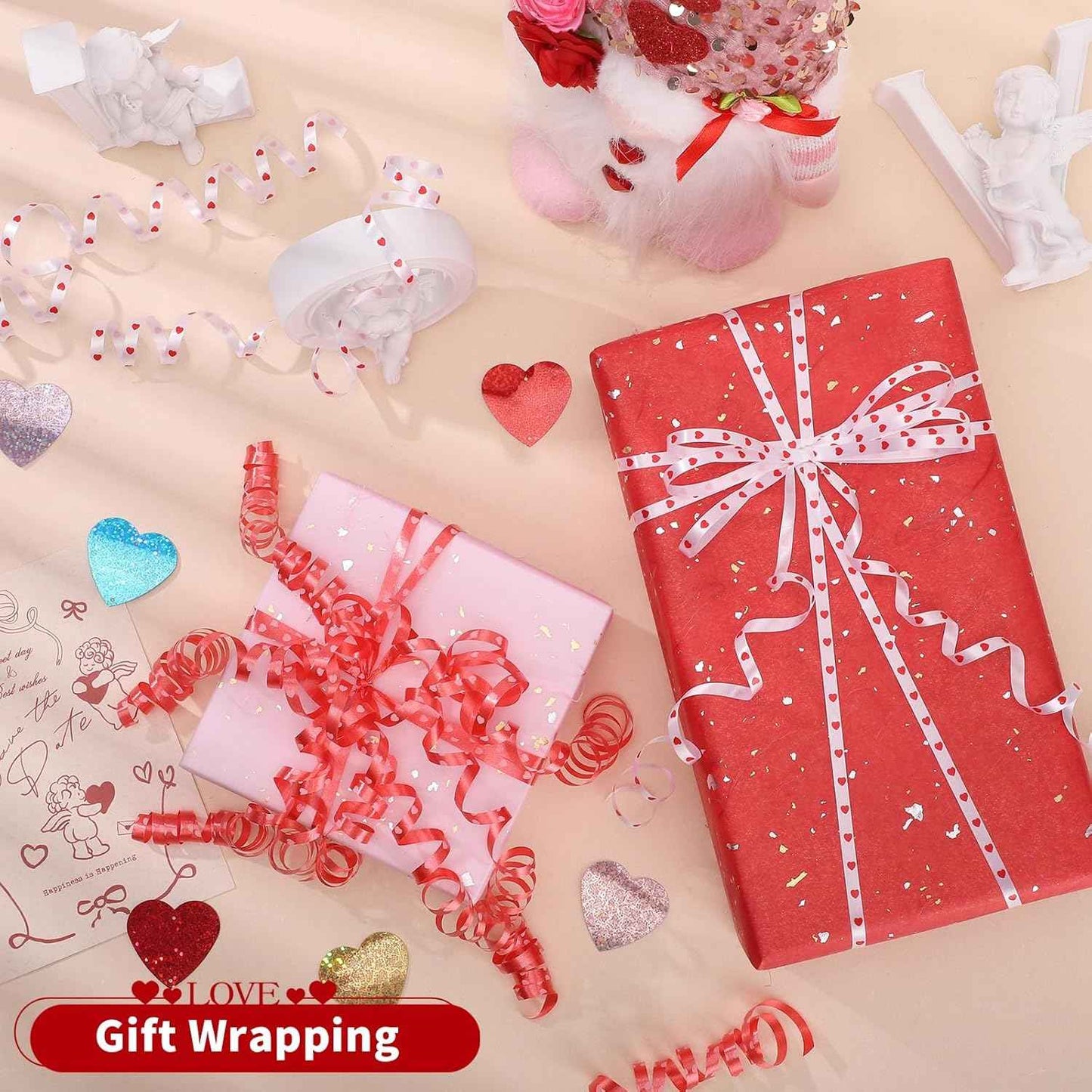 600 Yards Valentine Ribbon 1/5 Inch Heart Curling Ribbon 2 Rolls 300 Yard Per Roll White Red Balloon String Ribbons for Gift Wrapping Birthday Party Valentine's Day Decorations