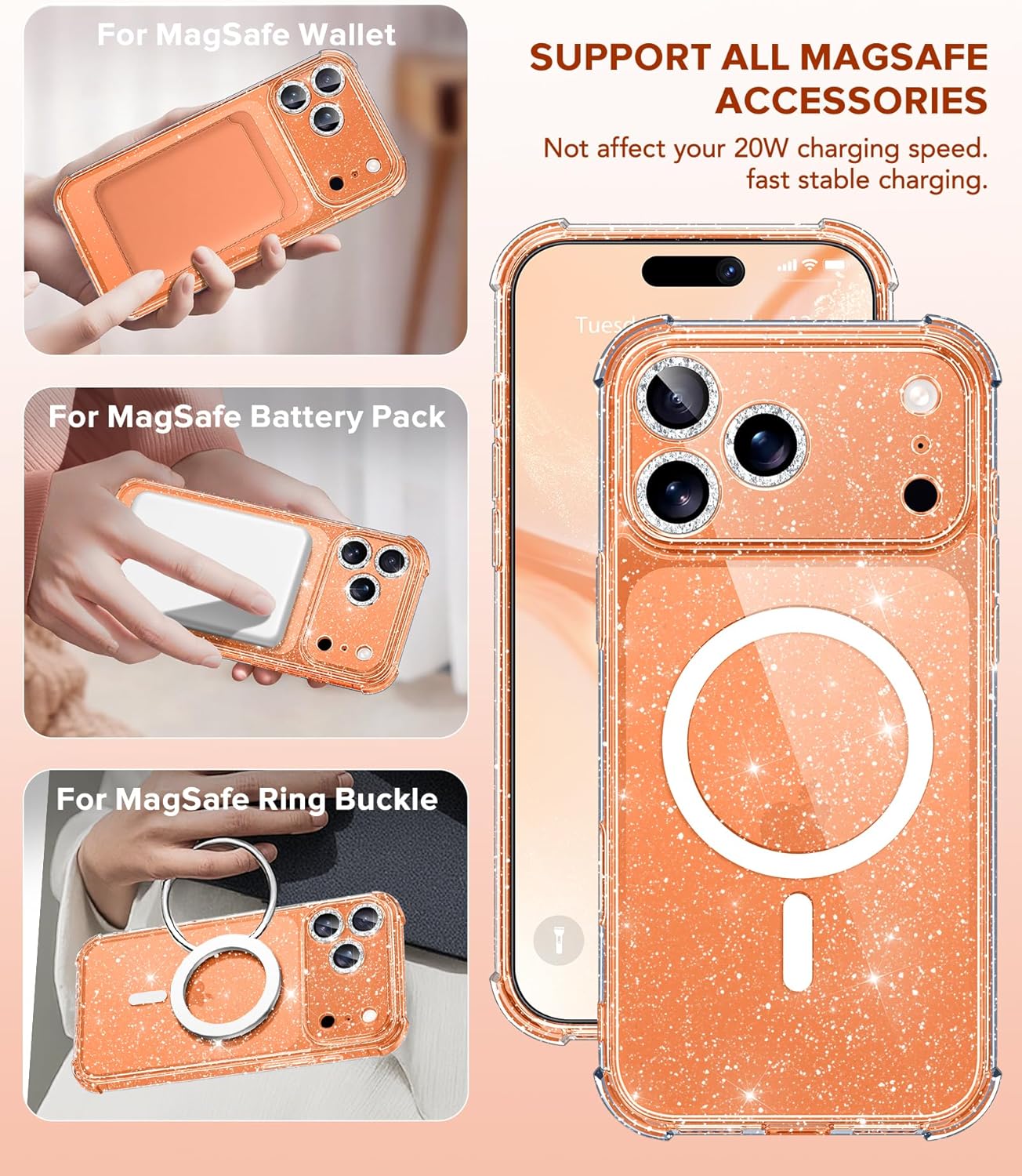 BERFY for iPhone 17 Pro Case for Women, Compatible with MagSafe, Clear Glitter Shockproof Protective Case, Anti-Yellowing, with Screen Protector & 3 Diamond Camera Lens Covers 6.3", Sparkle Clear - Rayz Mart
