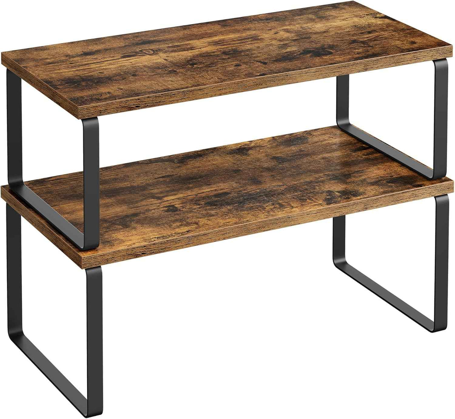 SONGMICS Cabinet Organizer Shelf, Set of 2 Kitchen Counter Shelves, Kitchen Storage, Spice Rack, Stackable, Expandable, Metal and Engineered Wood, Ink Black and Natural Beige UKCS02NB