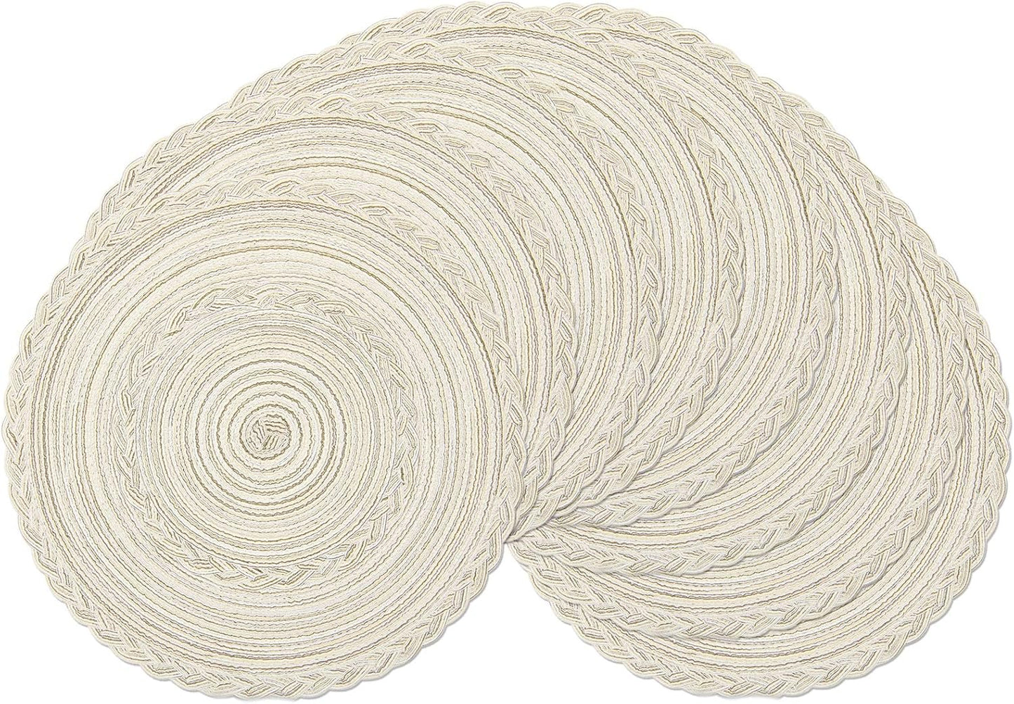 SHACOS 15 inch Round Braided Placemats Set of 6 Non Slip Heat Resistant Cotton Polyester Table Mats Washable Place Mats for Kitchen Dining Party Table Decor (Beige, 6)