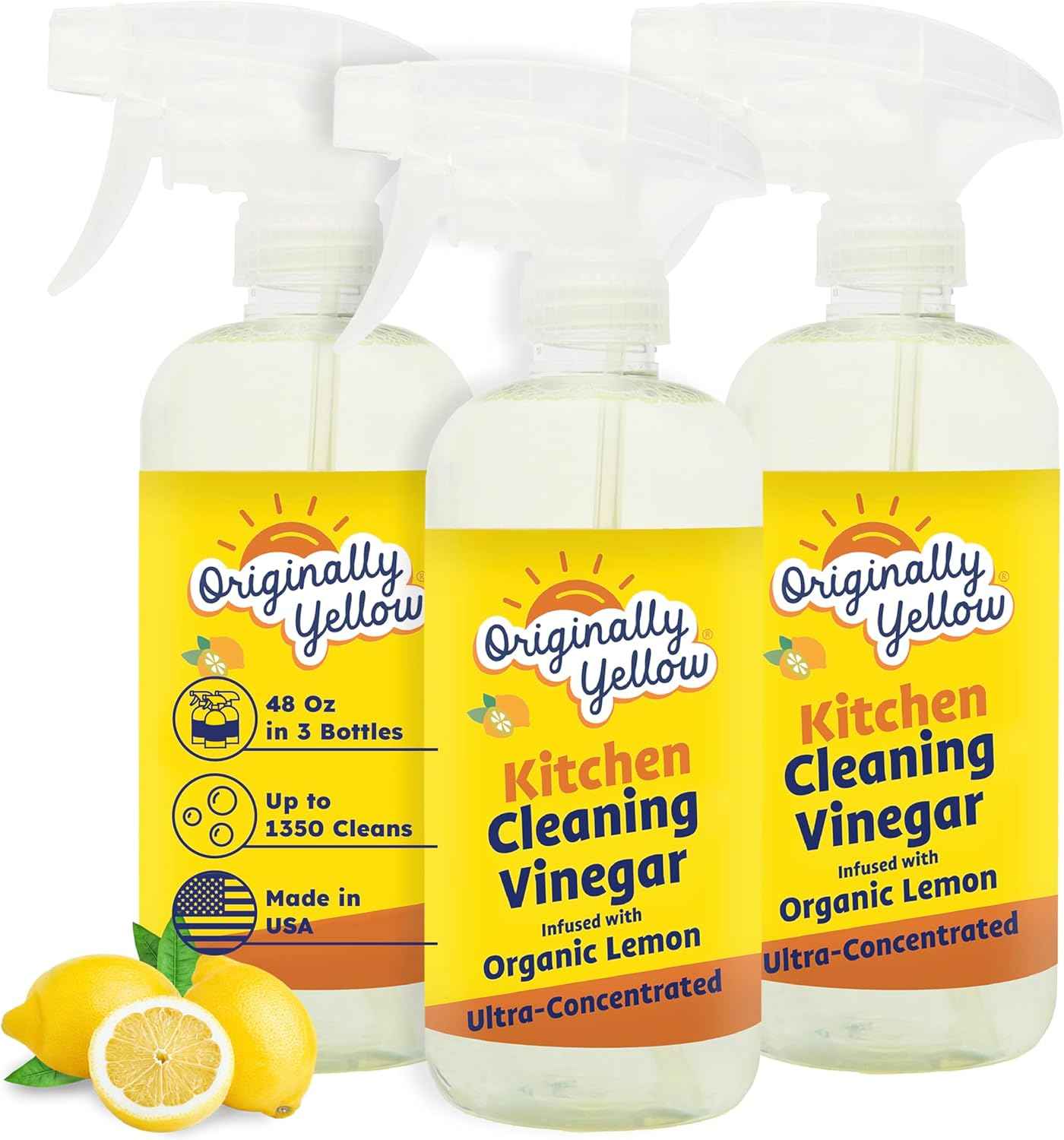 Originally Yellow Plant-Based Kitchen Cleaner | Powered by Natural Vinegar & Infused with Organic Lemon | Multipurpose Kitchen Counter Cleaner Works on Tile, Wood, Granite, & Marble, 16 Fl Oz (3-Pack)