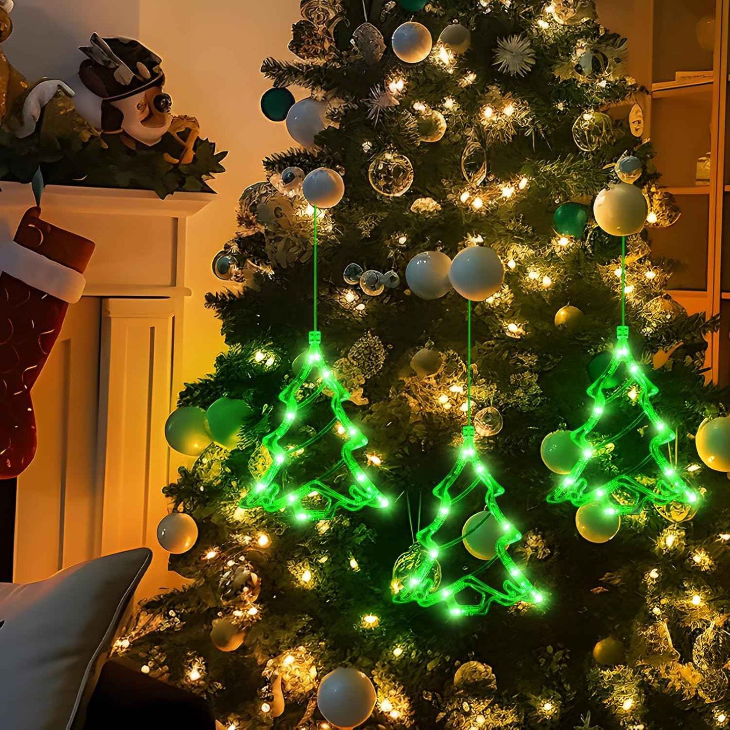 3Pcs Battery Powered LED Christmas Tree Shaped Window Lights - Green Sucker Lamps for Xmas Decor Indoors and Outdoors