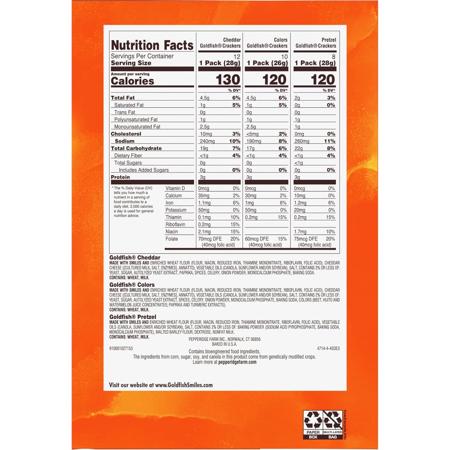 Goldfish Crackers Big Smiles Variety Pack: Cheddar, Colors, and Pretzels, Snack Packs, 30 Count