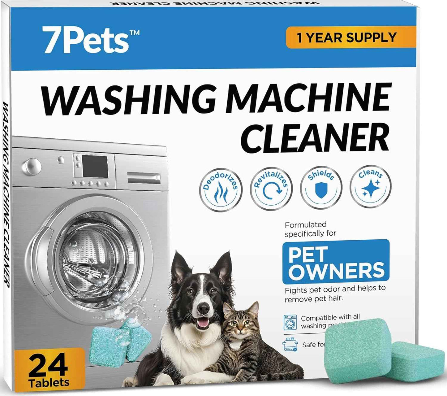 Washing Machine Cleaner Tablets | 24 Count 1-Year Supply | Formulated for Pet Owners | Pet-Friendly Deep Descaler | HE, Top & Front Load | Septic Safe & Eco-Friendly | Eliminates Odor & Residue