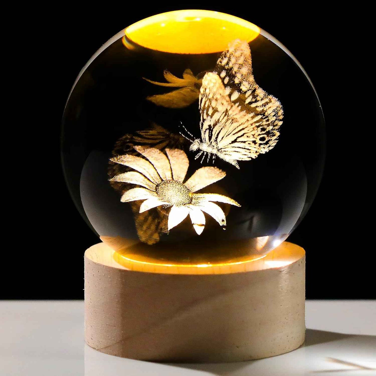 Enjinkail 3D Butterfly Tulips Crystal Ball with Wooden Light Base Glass Tulip Figurine Gift for Women Decor Tulips Statue Gifts for Mother's Day Birthday Valentine Christmas (Diameter 2.36 inches)