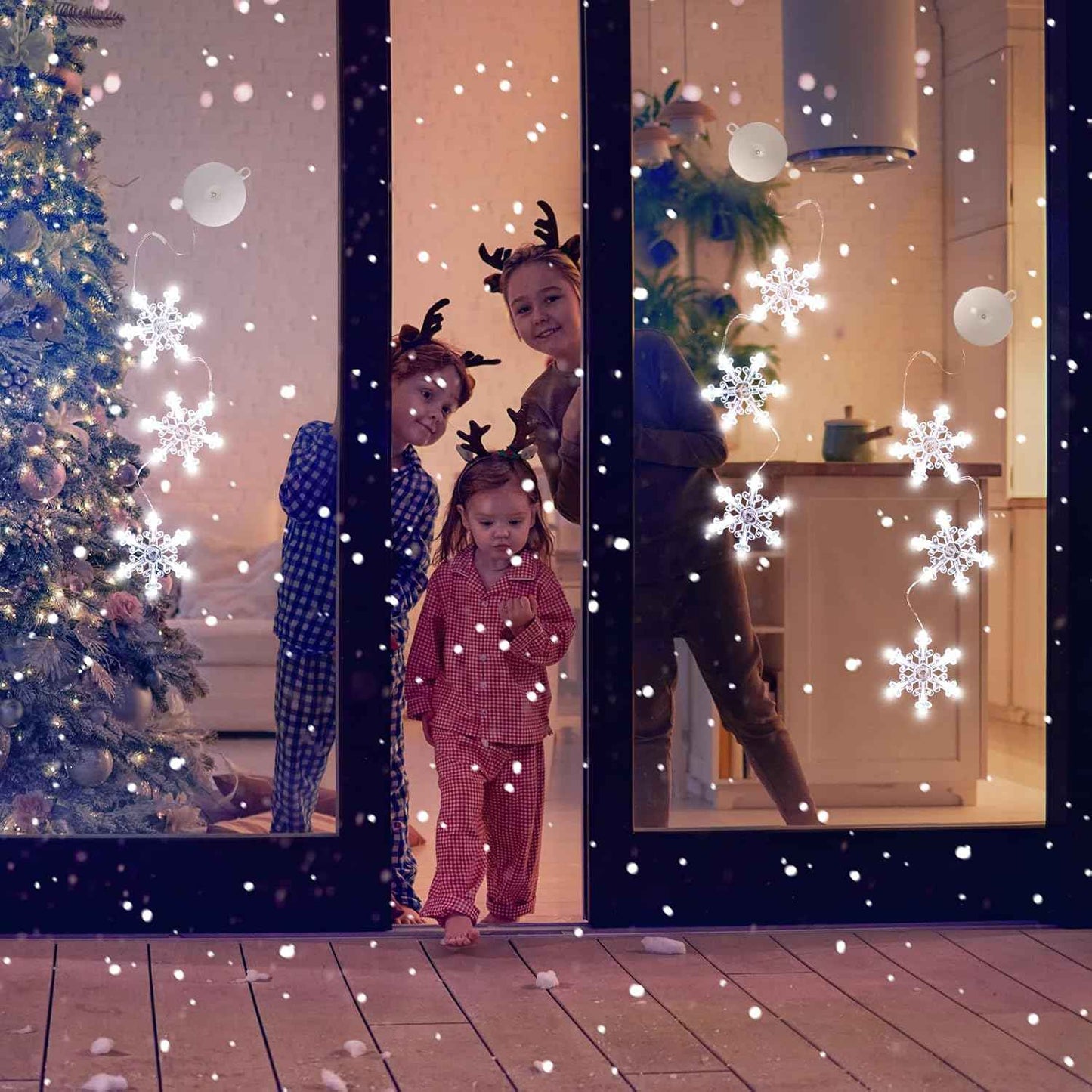 3Pcs Christmas Window Lights Decorations with Timer, Battery Powered Christmas Window Hanging White Lighted Snowflake Shaped LED Sucker String Lamp for Xmas Tree Fireplace Window Indoor Decor