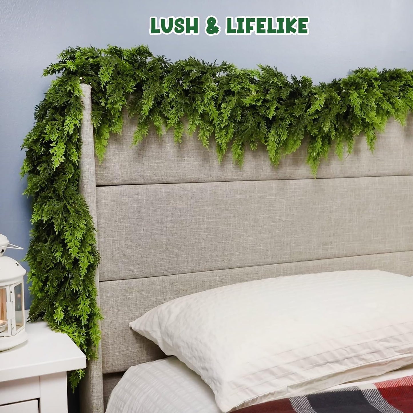 9FT Cedar Garland with Lights, Prelit Christmas Garland Artificial Realistic, Real Touch Pine Christmas Garland for Mantle Stairs Outdoor Decoration, Battery Operated Faux Greenery Garlands Thick Lush