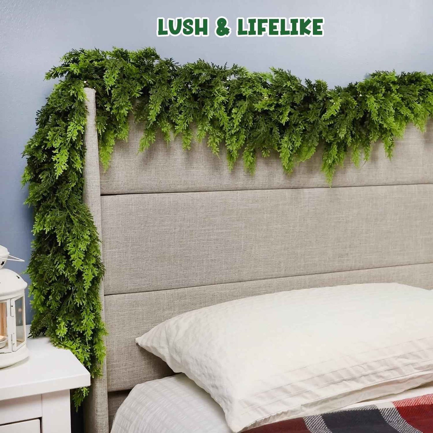 9FT Cedar Garland with Lights, Prelit Christmas Garland Artificial Realistic, Real Touch Pine Christmas Garland for Mantle Stairs Outdoor Decoration, Battery Operated Faux Greenery Garlands Thick Lush