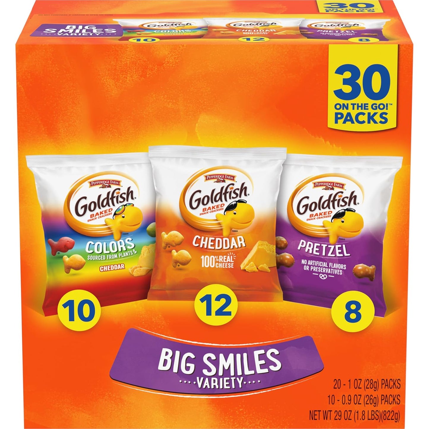 Goldfish Crackers Big Smiles Variety Pack: Cheddar, Colors, and Pretzels, Snack Packs, 30 Count