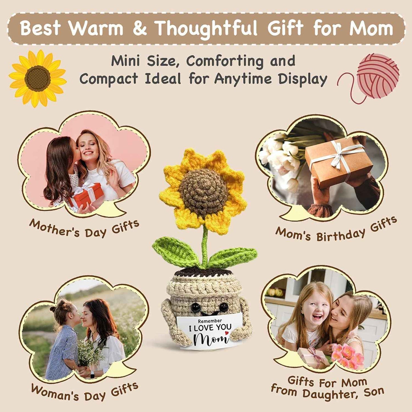Mini Birthday Gifts for Mom, Mom Gifts from Daughters Remember I Love You MOM, Handmade Crochet Cute Small Sunflower Gifts, Gift for Mom from Daughter, Son, Mothers Day for Mom