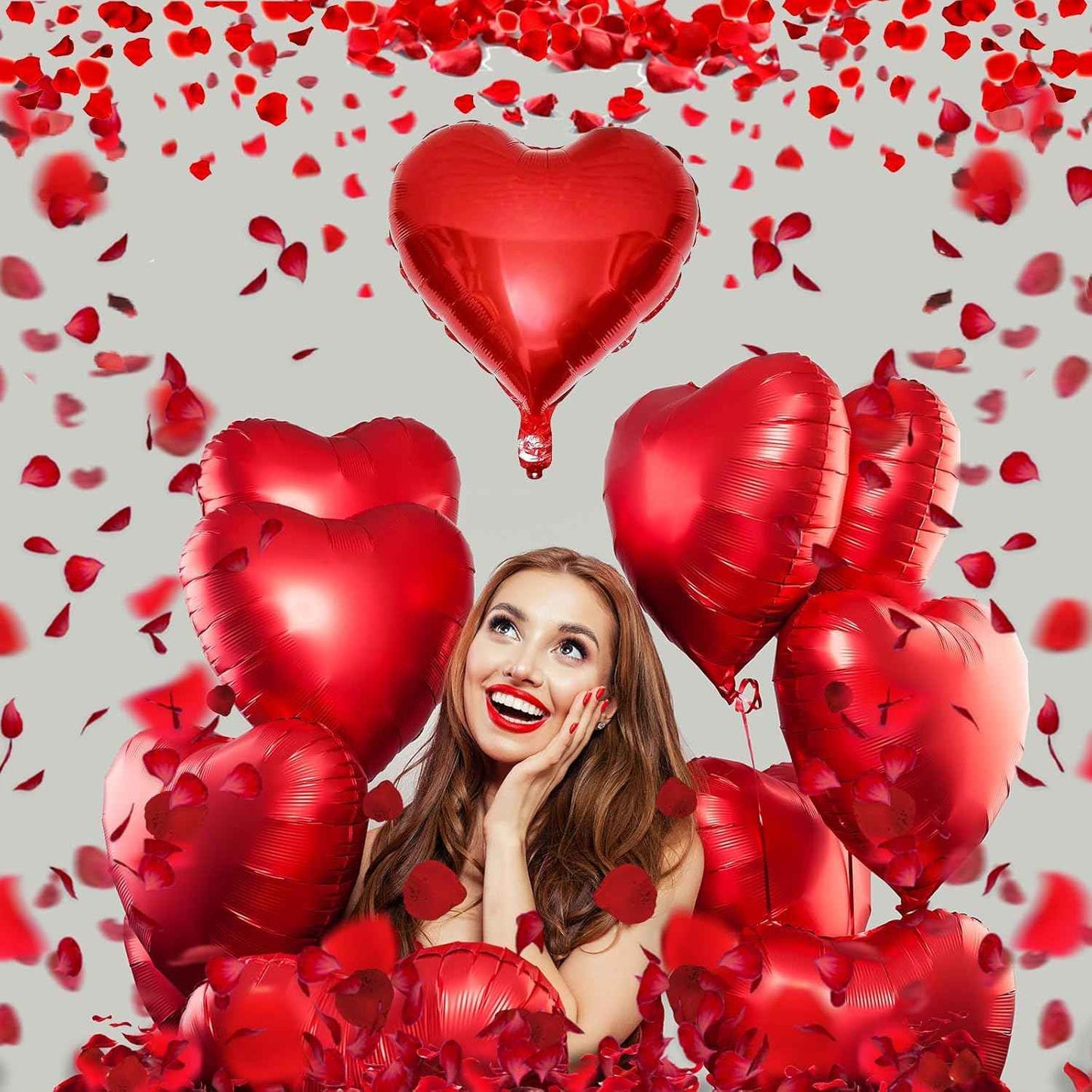 Fecedy Red Heart Shape Foil Mylar Balloons and Heart Shape roseleaf for Romantic Valentine's Day Wedding Bridal Shower Anniversary Engagement Party Decorations