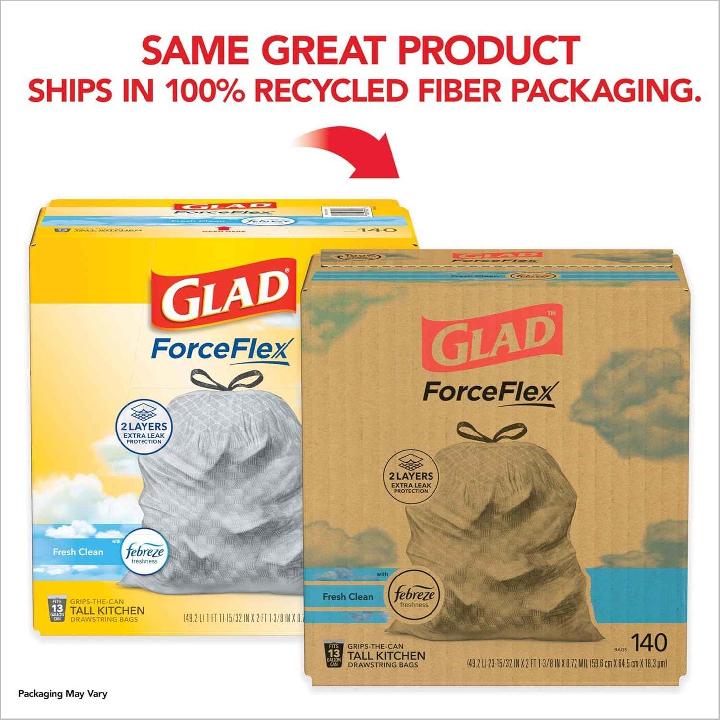Glad ForceFlex Tall Kitchen Trash Bags, 13 Gallon, Fresh Clean, 140 Count (Package May Vary)