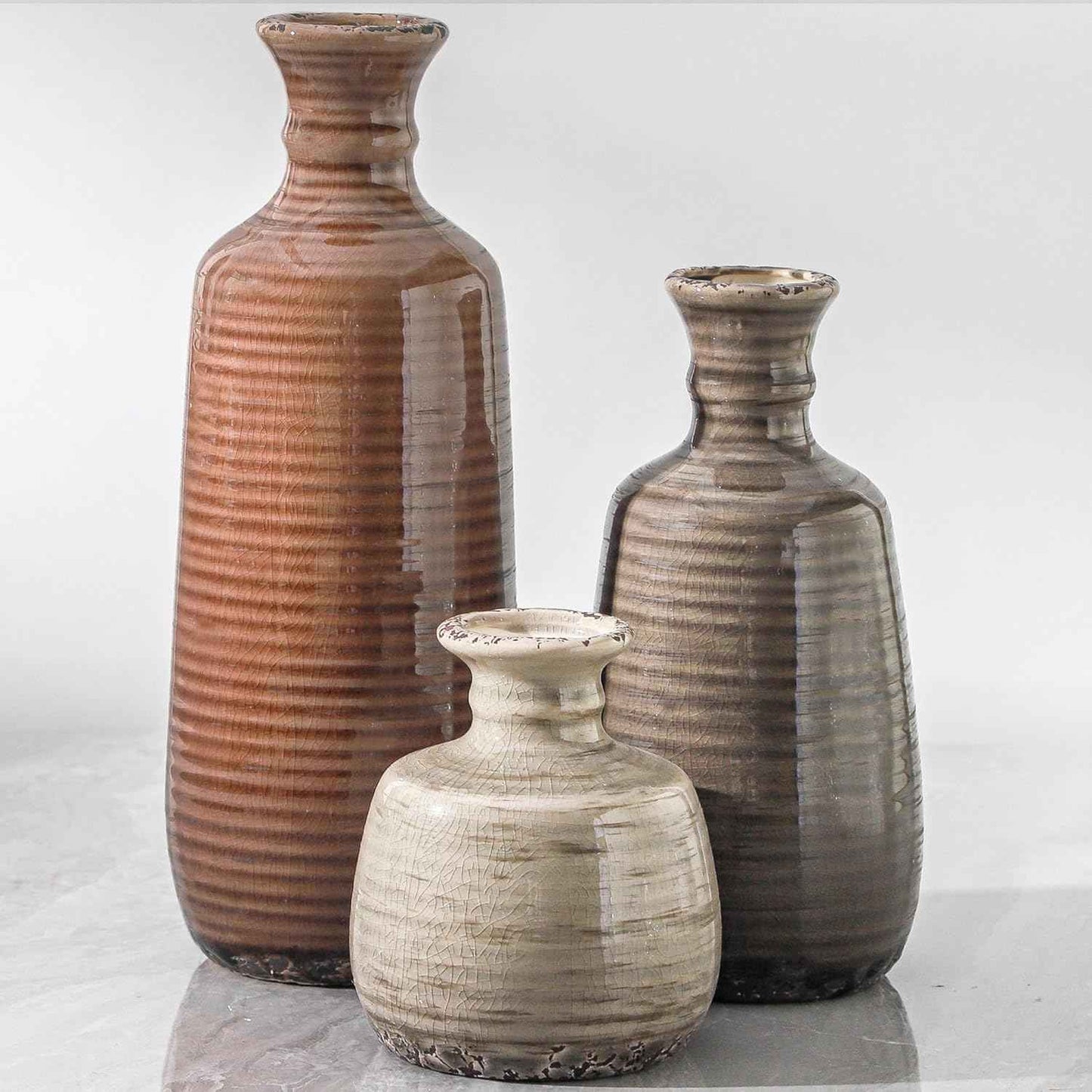 Ceramic Vases Set of 3, Neutral Rustic Farmhouse Vase with Handle, Decorative Flower Vases Home Decor Modern Boho Pampass Vase for Table Mantel Entryway Shelf Living Room Kitchen Bathroom - Brown