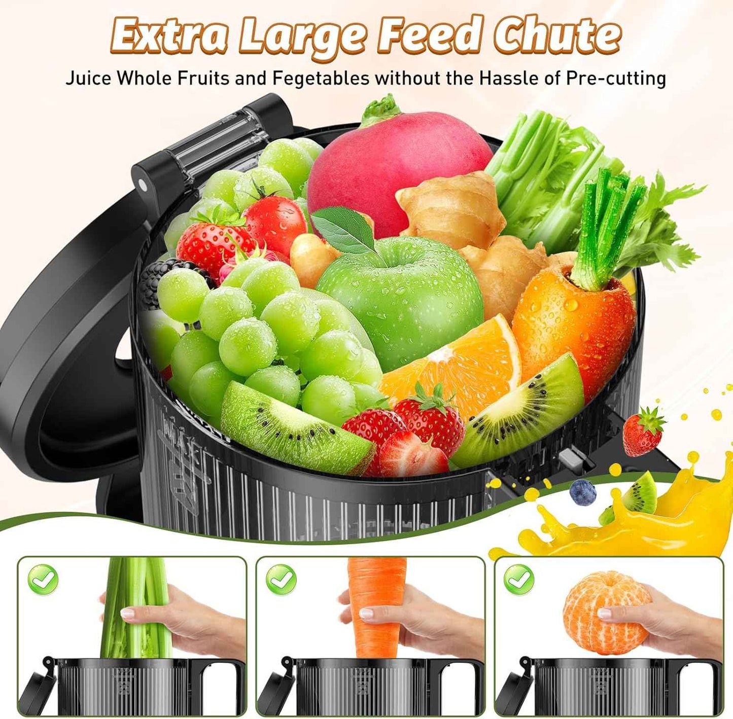cold press juicer with 5.4" wide feed chute for juice extractor and high juice yield black