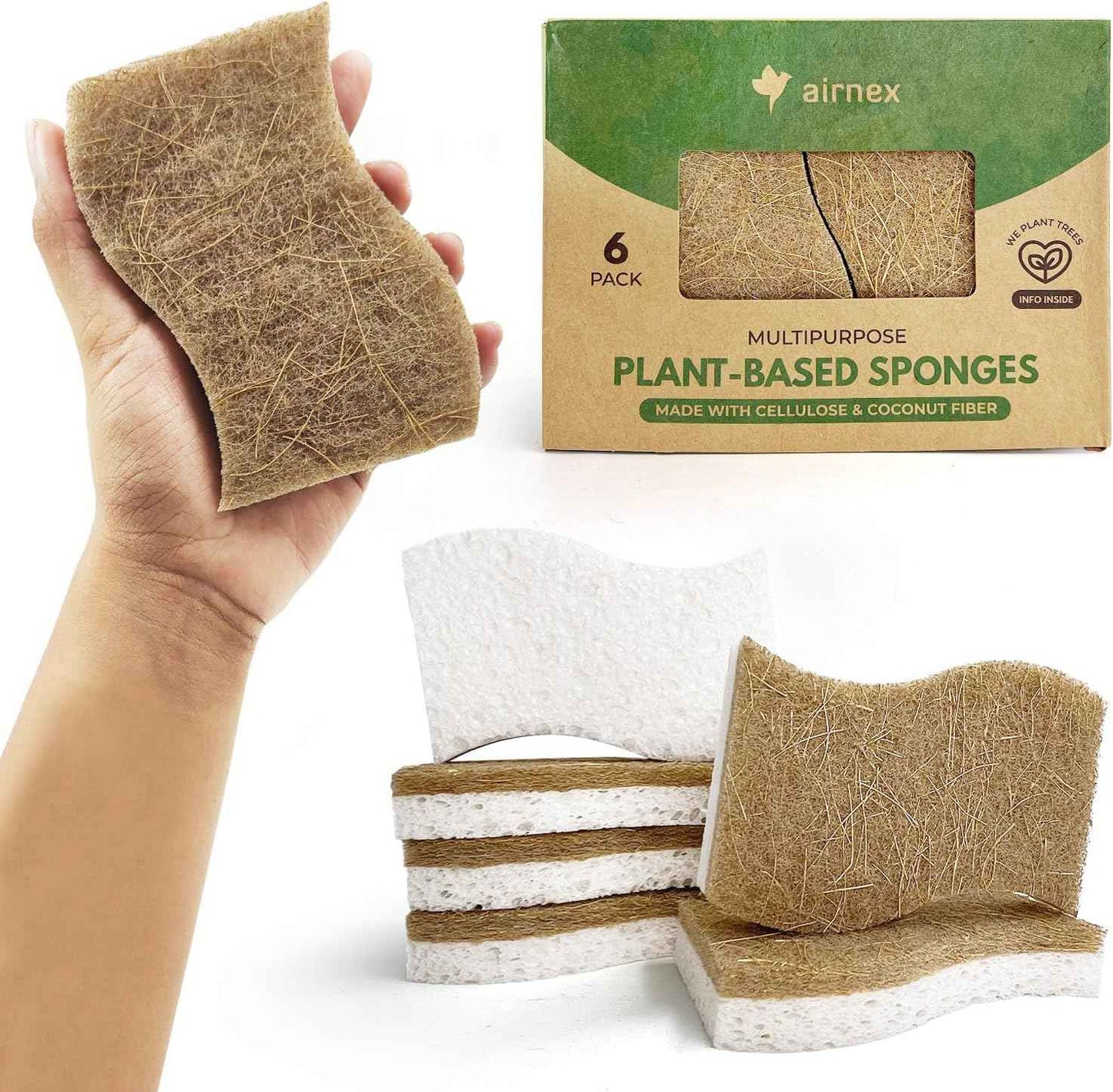 Biodegradable Natural Kitchen Sponge - Compostable Cellulose and Coconut Walnut Scrubber Sponge (12 Pack)