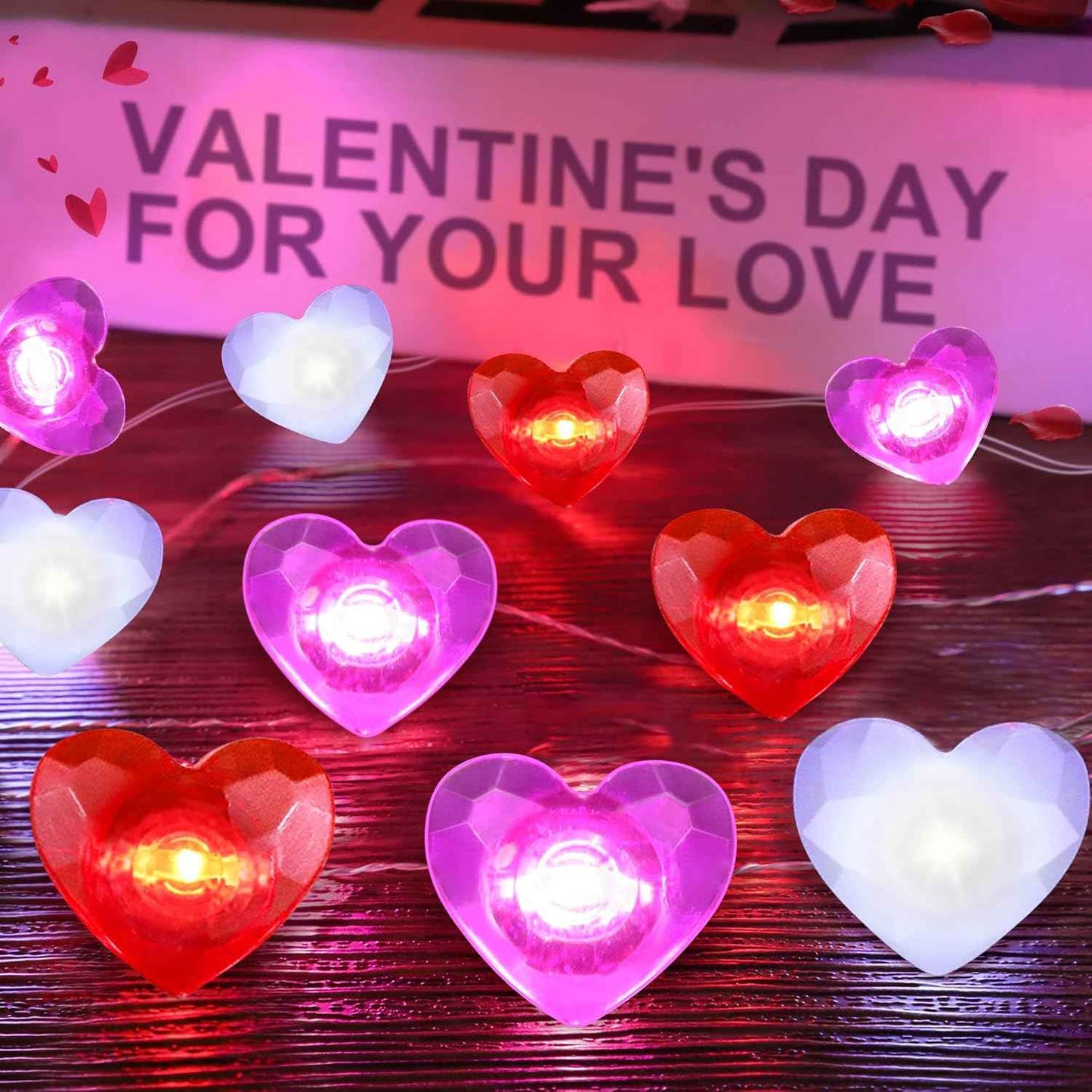 Valentines Decor 10FT 30 LED Valentine's Lights with Timer, Red Pink White Heart Lights String Battery Operated, 8 Modes Valentines Decorations Heart Fairy Lights Romantic Decor Home Bedroom