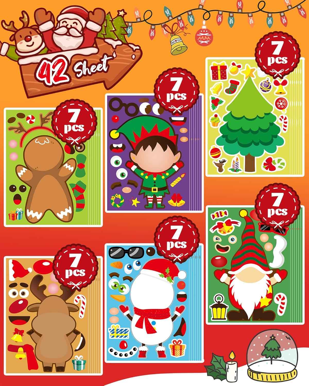 42 Sheets Christmas Party Favor Stickers for Kids, Christmas Goodie Bag Stocking Stuffers Face Stickers, Gifts Games Activities Holiday Sticker Crafts for Kids