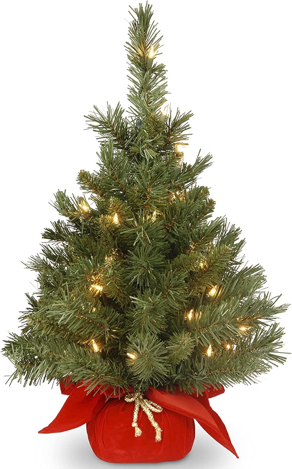 National Tree Company 24 in Pre-Lit Majestic Fir Mini Artificial Christmas Tree, 35 Clear Lights, 71 Tips, Red Cloth Base, Green