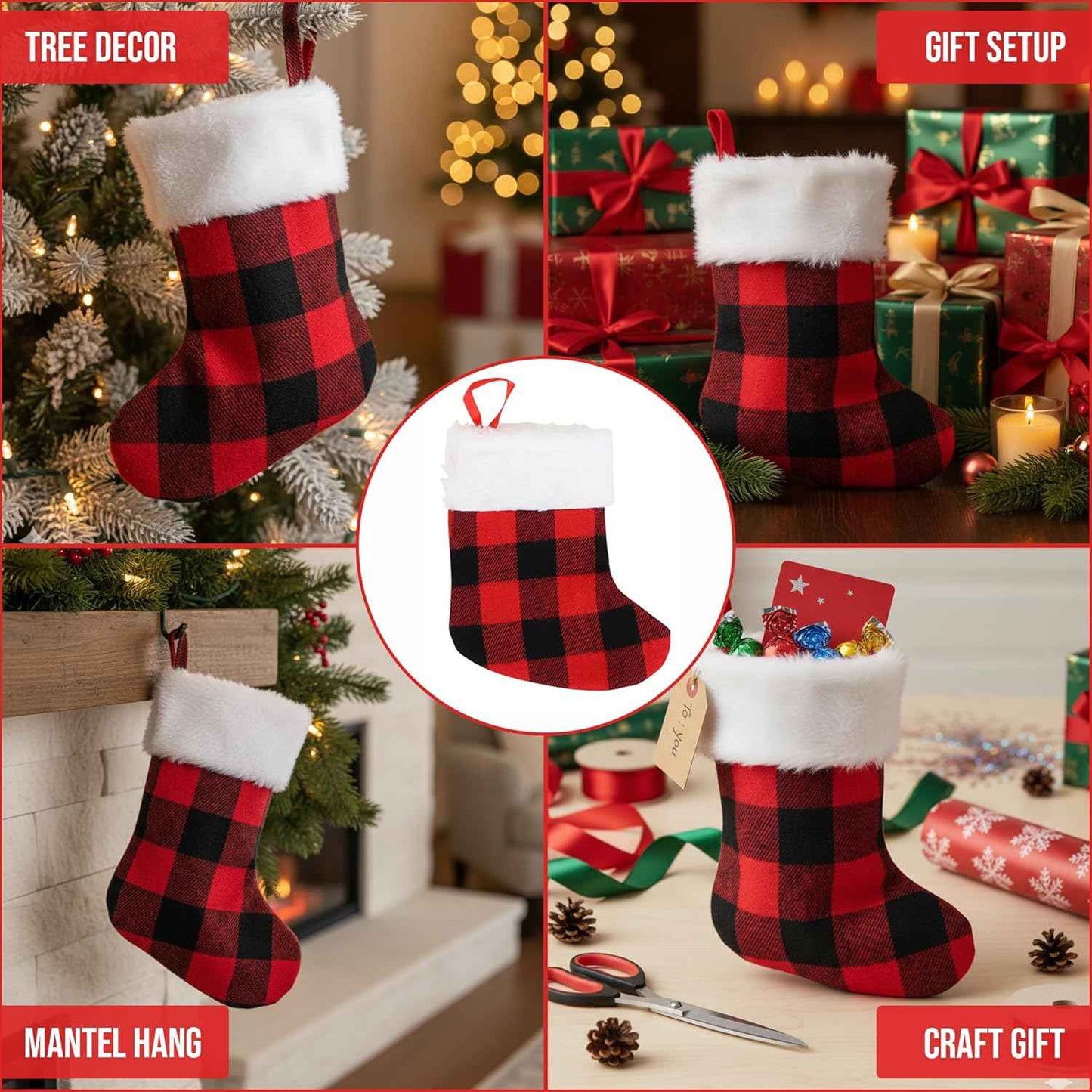 Iconikal 24-Pack Mini Christmas Stockings, 6-Inch, Red Buffalo Plaid Decoration Ornament