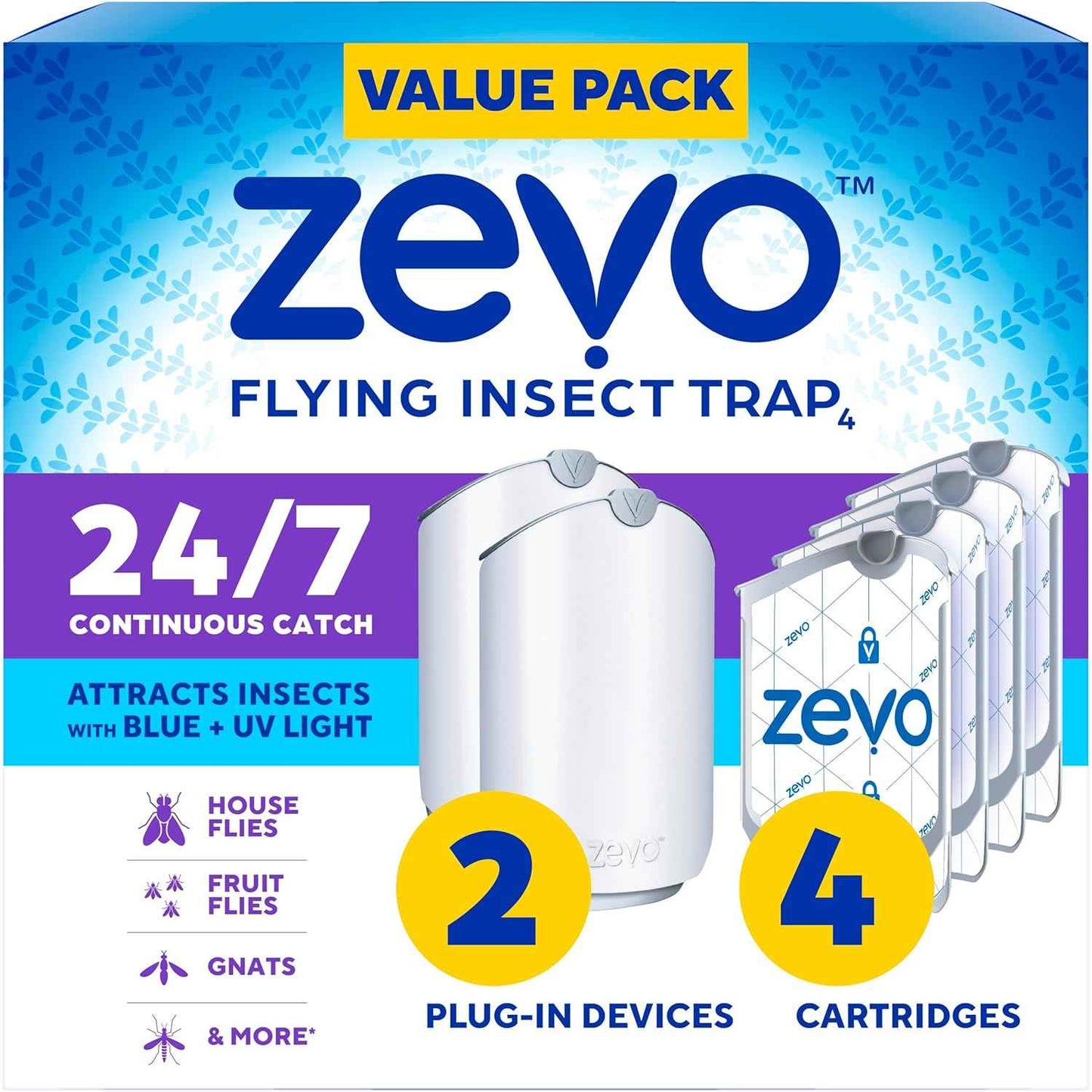 Zevo 2 Flying Insect Traps & 2 Refill Cartridges - Plug in Fly Trap & Indoor Bug Catcher for Gnats, House & Fruit Flies - Blue & UV Light Technology, Mess-Free Alternative to Bug Zapper