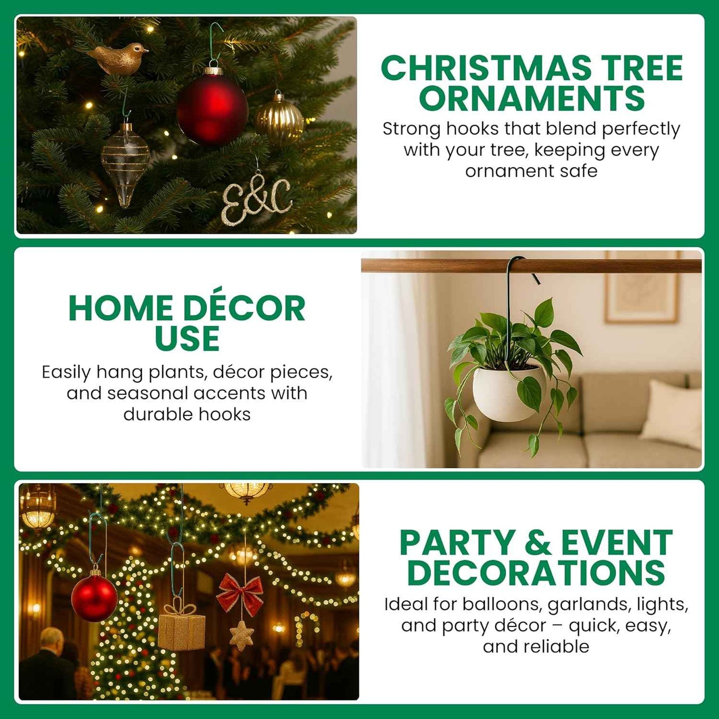 Iconikal 450-Count Green Ornament Hooks Heavy Duty 1.4 & 2.5-Inch Christmas Tree Hangers for Large Small Decorations Blends with Tree Bulk Pack