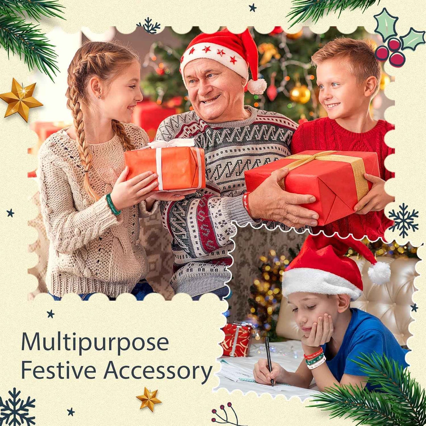 Syhood 200 Pieces Christmas Silicone Bracelets Rubber Wristbands Bulk Merry Christmas Bracelets Gifts for Kids Adult Xmas Party Favors Stocking Stuffers, 10 Style (Red, Dark Green, White)