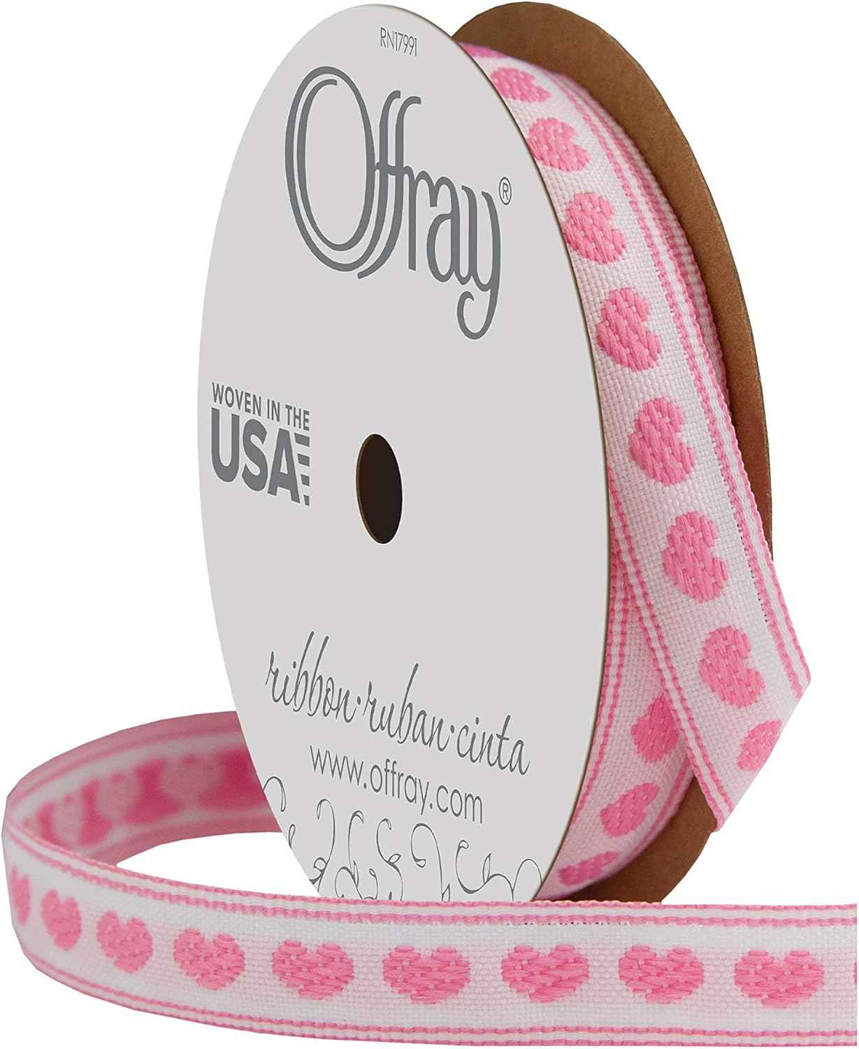 Offray 1/2" Wide Heart Pattern Ribbon for Crafts and Decoration, 9-Foot, Pink