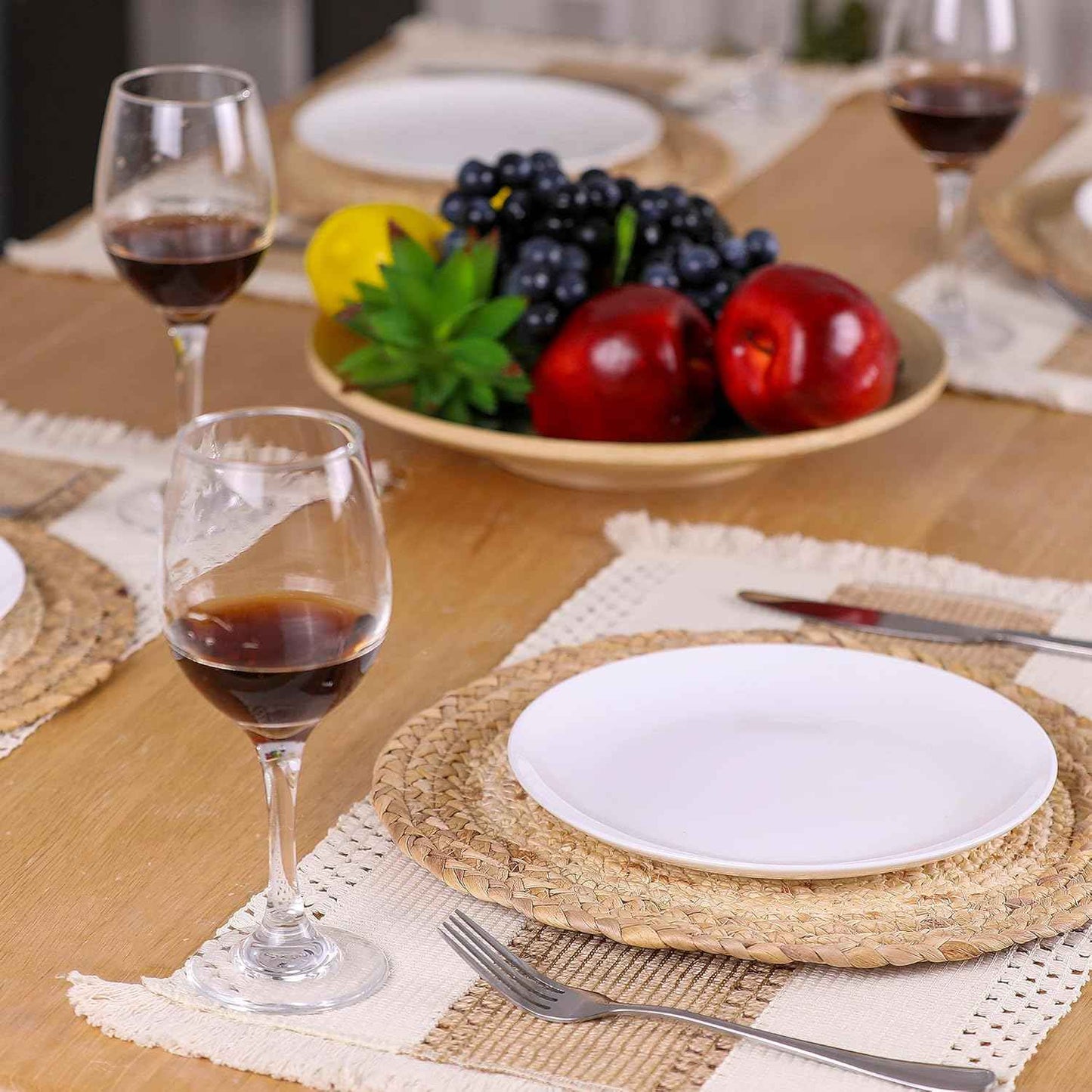 Handmade Boho Placemats Set of 6 - Natural Cotton Burlap and Water Straw Woven Combination Table Mats, Macrame Décor and Farmhouse Style Placemats, for Dining Table Kitchen