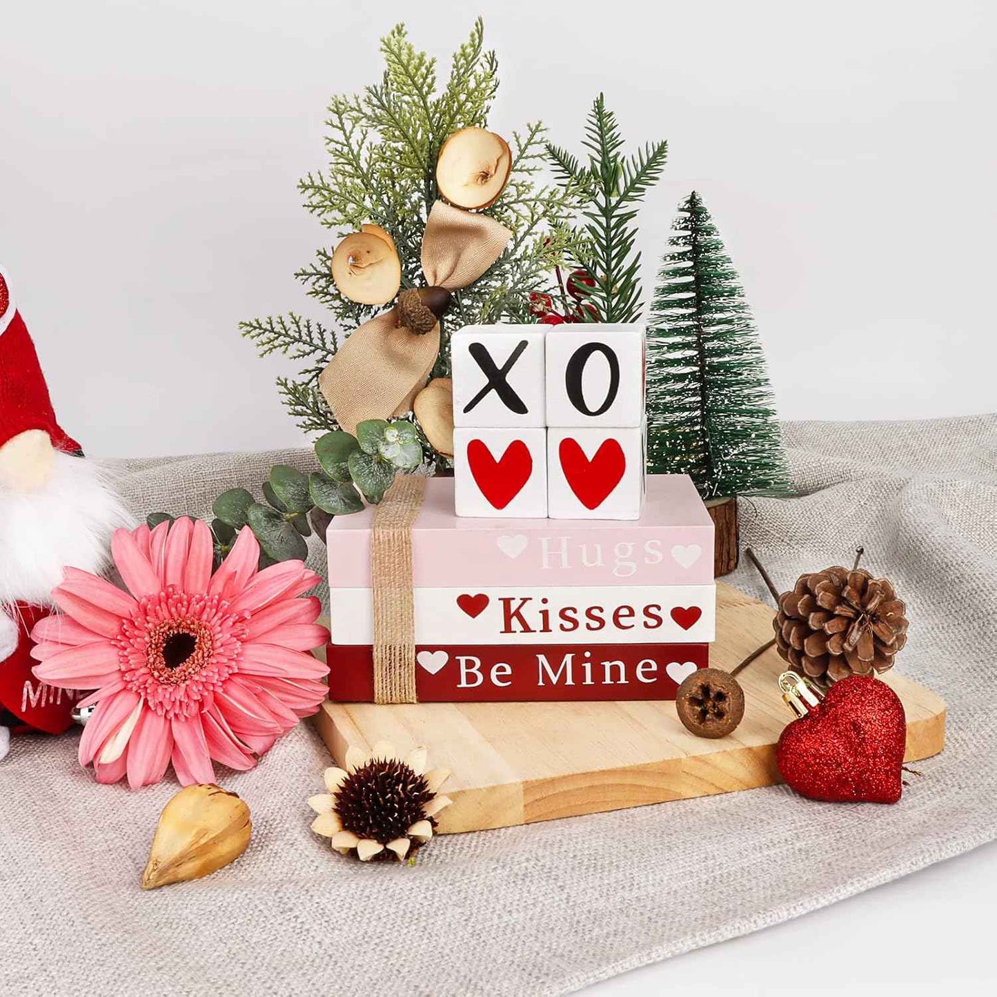 Valentines Day Decor, Wooden Book Stack with 4 XOXO Signs - Valentines Day Decorations for The Home, Tiered Tray, Coffee Table, Fireplace Mantel, Shelf