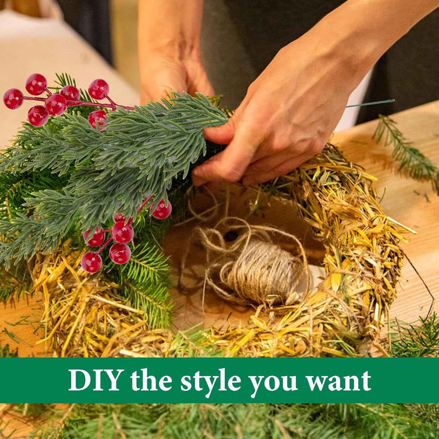 Watayo 45 Pcs Christmas Artificial Pine Branches with Red Berry Stems, 10.5" Faux Evergreen Norfolk Pine Cypress Leaves Stems, Fake Foliage Pine Needles Picks for DIY Craft Garland Home Decor