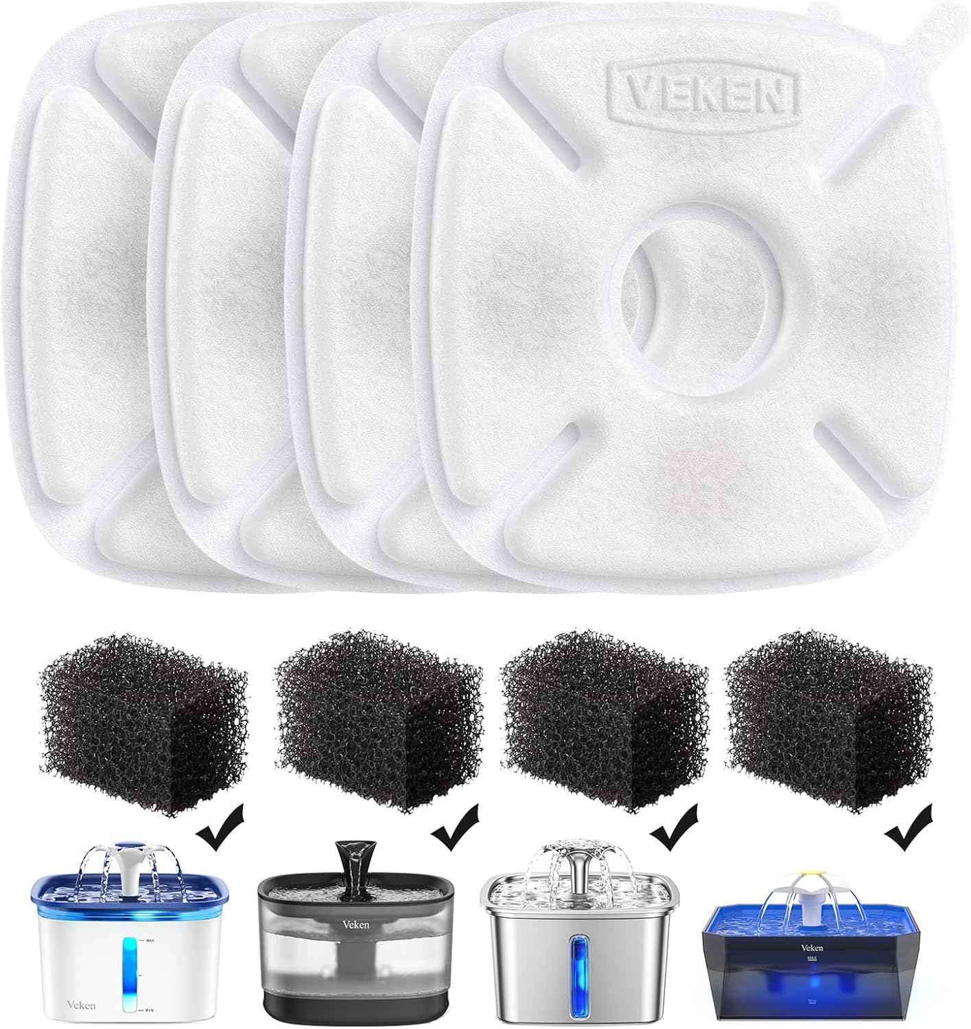 Veken Cat Water Fountain Filters, 8 Pack Replacement Filters & 8 Pack Replacement Pre-Filter Sponges Set for 50oz, 84oz, 95oz or 108oz Automatic Pet Fountain Dog Water Dispenser