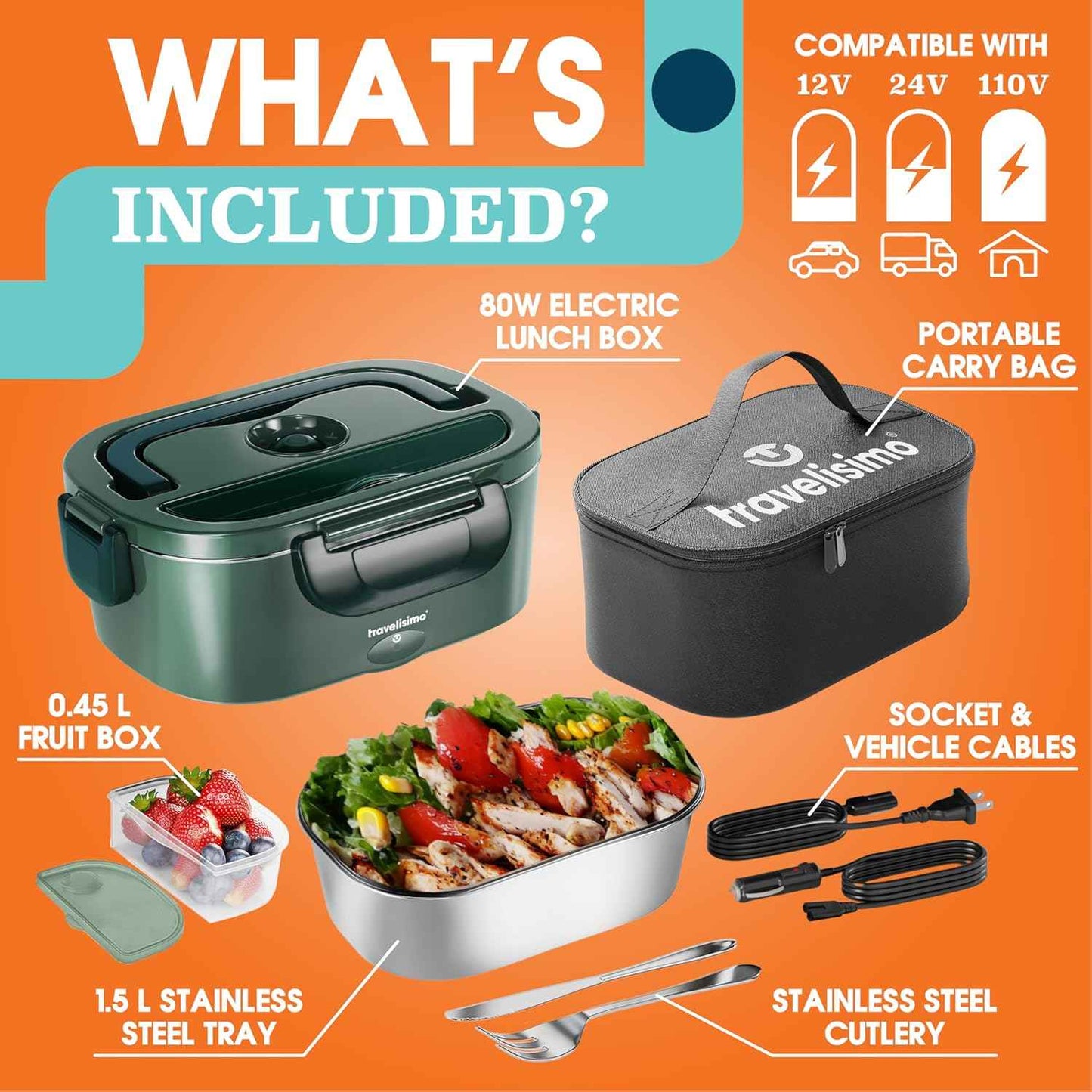 TRAVELISIMO Electric Lunch Box for Adults, 80W Heated Lunch Box 1.5L Stainless Steel Portable Food Warmer, 12/24/110V Lonchera Electrica Portatil for Travel & Work, Loncheras para Hombres de Trabajo