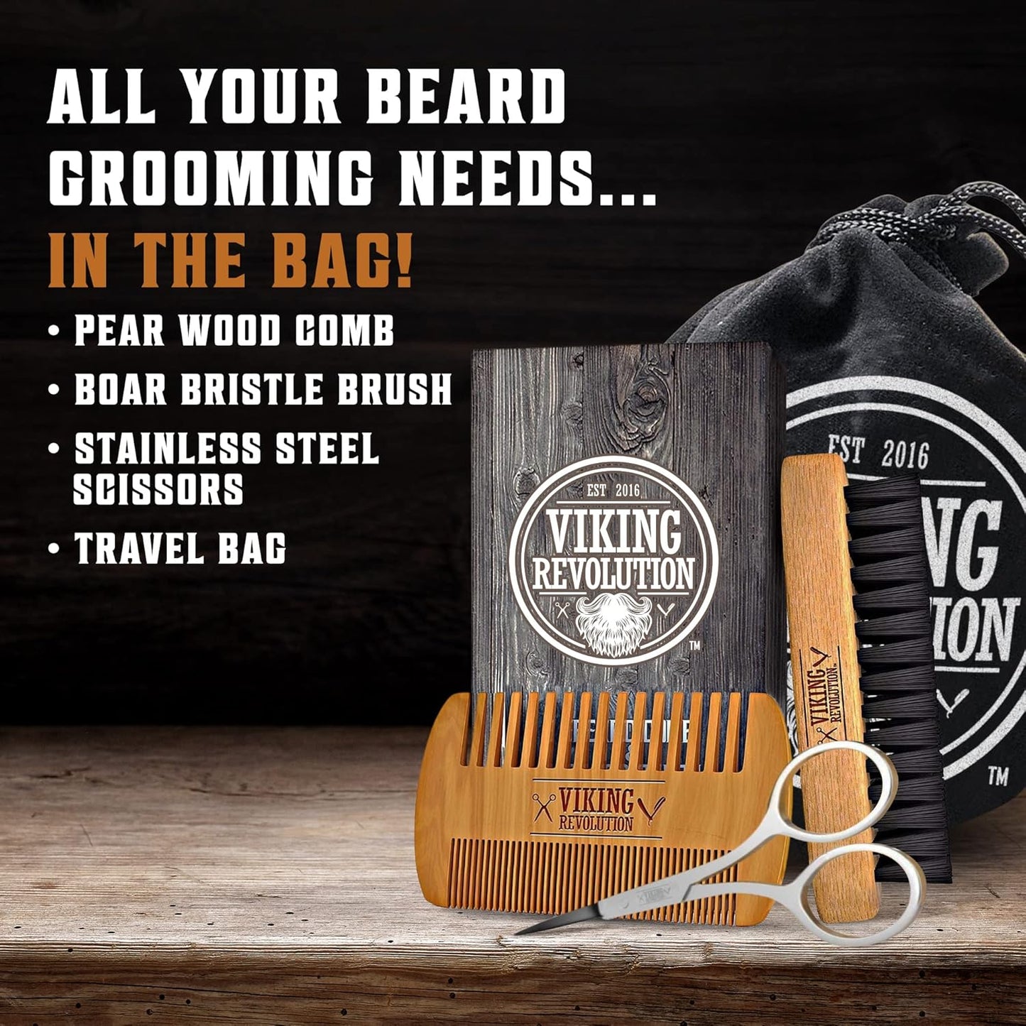 Viking Revolution Beard Comb & Beard Brush Set for Men -- Natural Boar Bristle Brush and Dual Action Pear Wood Comb w/Velvet Travel Pouch - Great for Grooming Beards and Mustaches