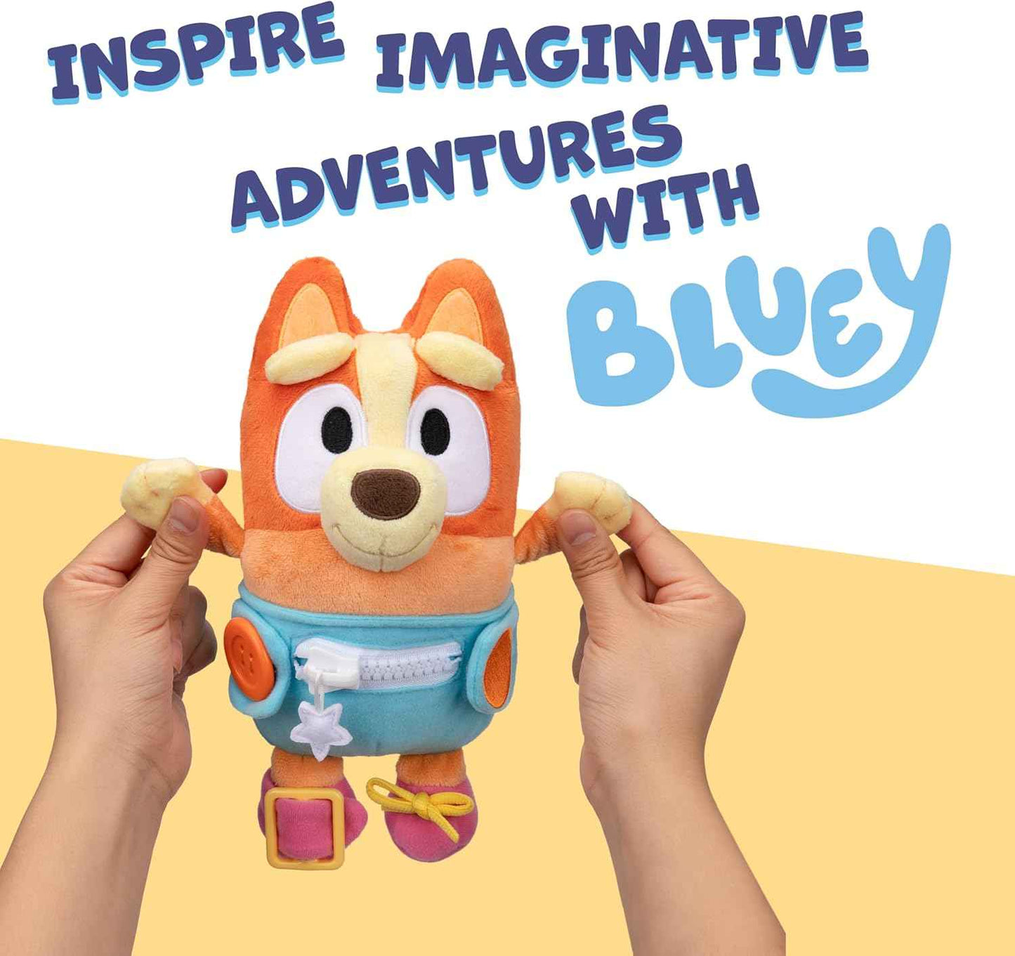 Dress & Play Baby Bingo Bluey Plush, Button, Zip, Buckle and Tie, Learn to Dress Dolls for Toddlers Ages 3+, Fine Motor Skills Baby Zipper Toy