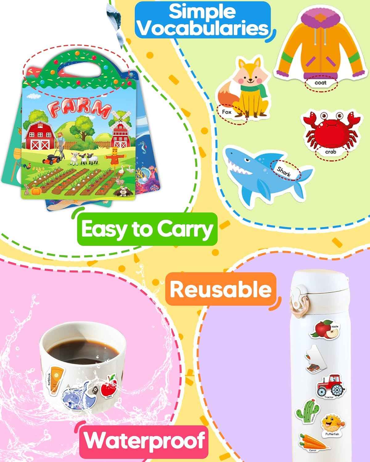 Benresive Reusable Sticker Book for Toddlers 2-4 Years, 3 Sets Travel Stickers for Kids, Waterproof Sticker Books for Toddlers 1-3, Crafts Activities for Todddlers 1-3 2-4 3-5