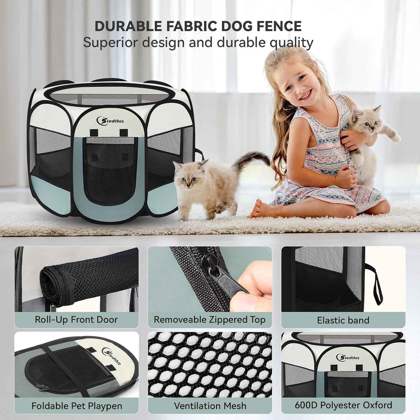 Dog Cat Playpen, Puppy Pet Playpen Indoor for Small Dogs Tent Crates Cage Outdoor, Portable Pop Up Dog Kennel Playpen with Carrying Case for Dogs/Cats/Rabbits, Removable Zipper Top, Grey