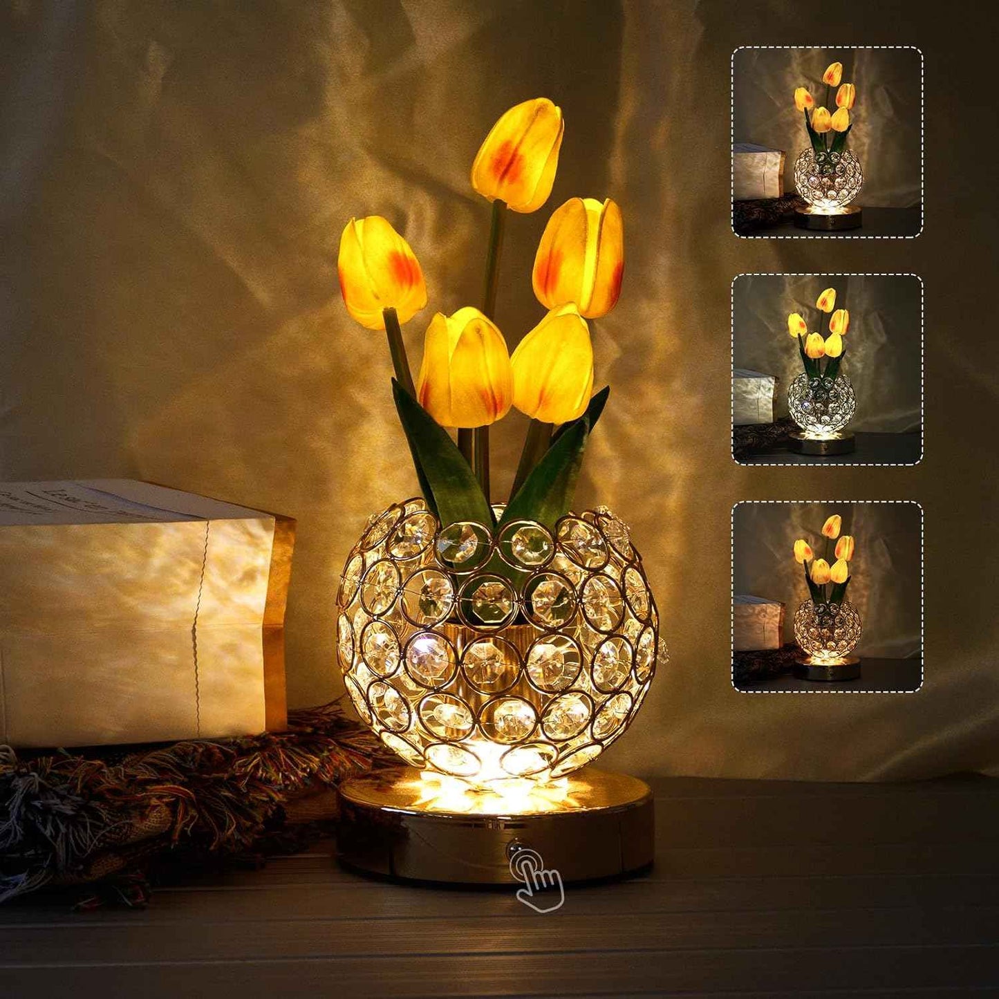 Tulip Crystal Flower Lamp Touch Lamp,Rechargeable Cordless Table Lamp, 3-Colour Infinitely Dimming Battery Powered Small Night Light,Gift for Mom for Valentine Day,Mothers Day,Xmas,Birthday (Pink)